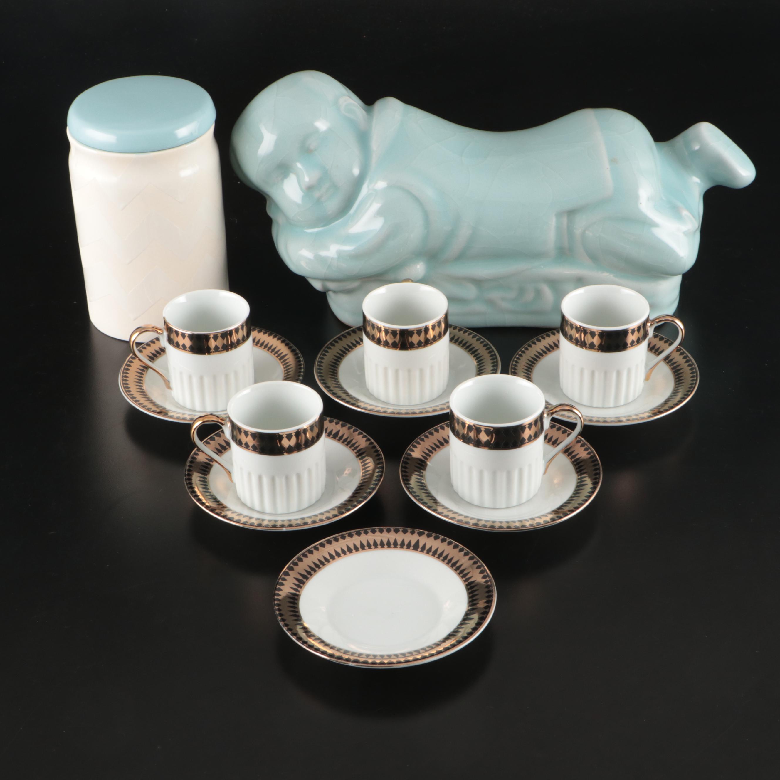 Chinese Porcelain Opium Pillow with Kagiya Demitasse Cups and Saucers and Jar