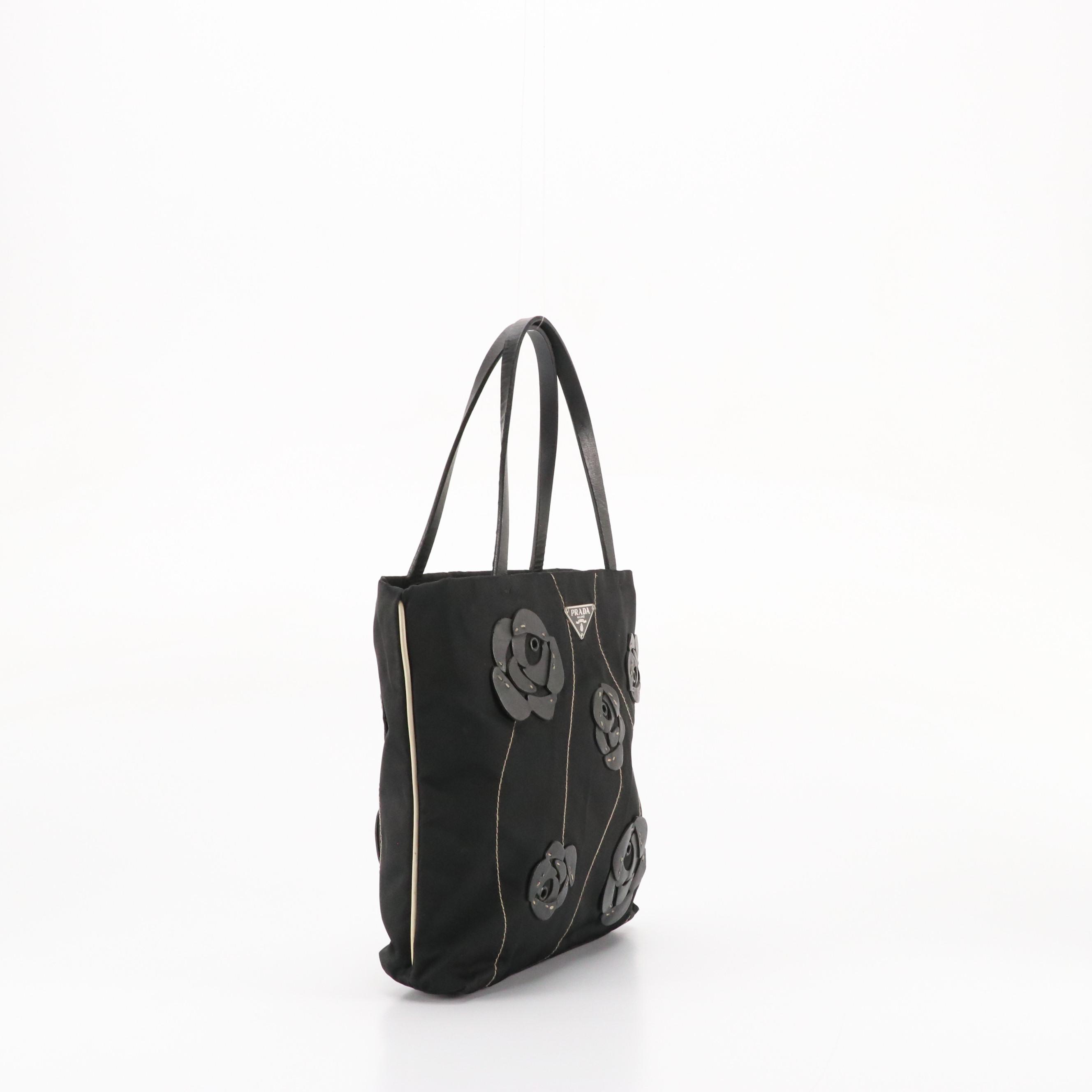 Prada Mini Tote in Black Nylon with Leather Rose Applique