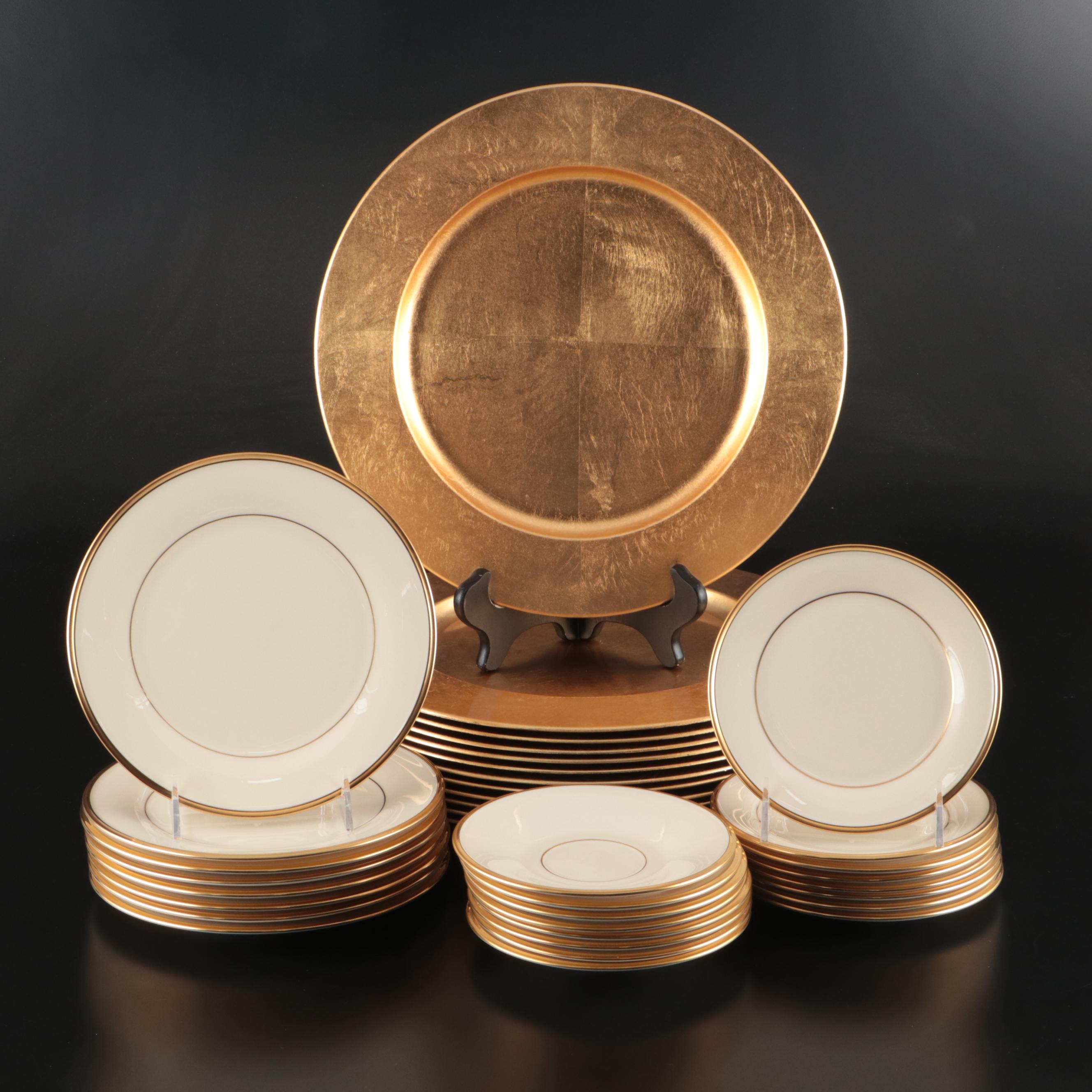 Pier 1 Gold Finish Plastic Chargers with Lenox "Eternal" Bone China Plates