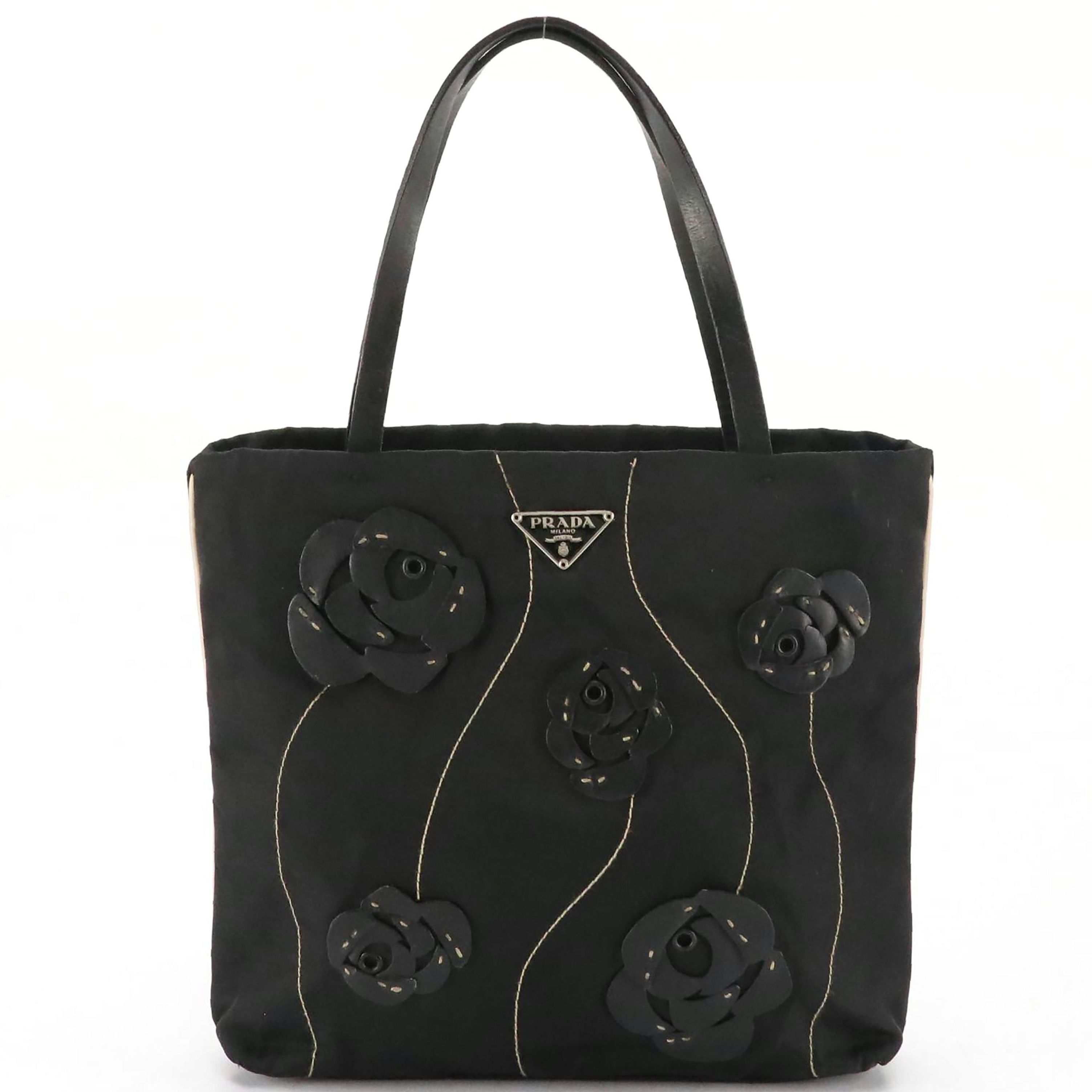 Prada Mini Tote in Black Nylon with Leather Rose Applique