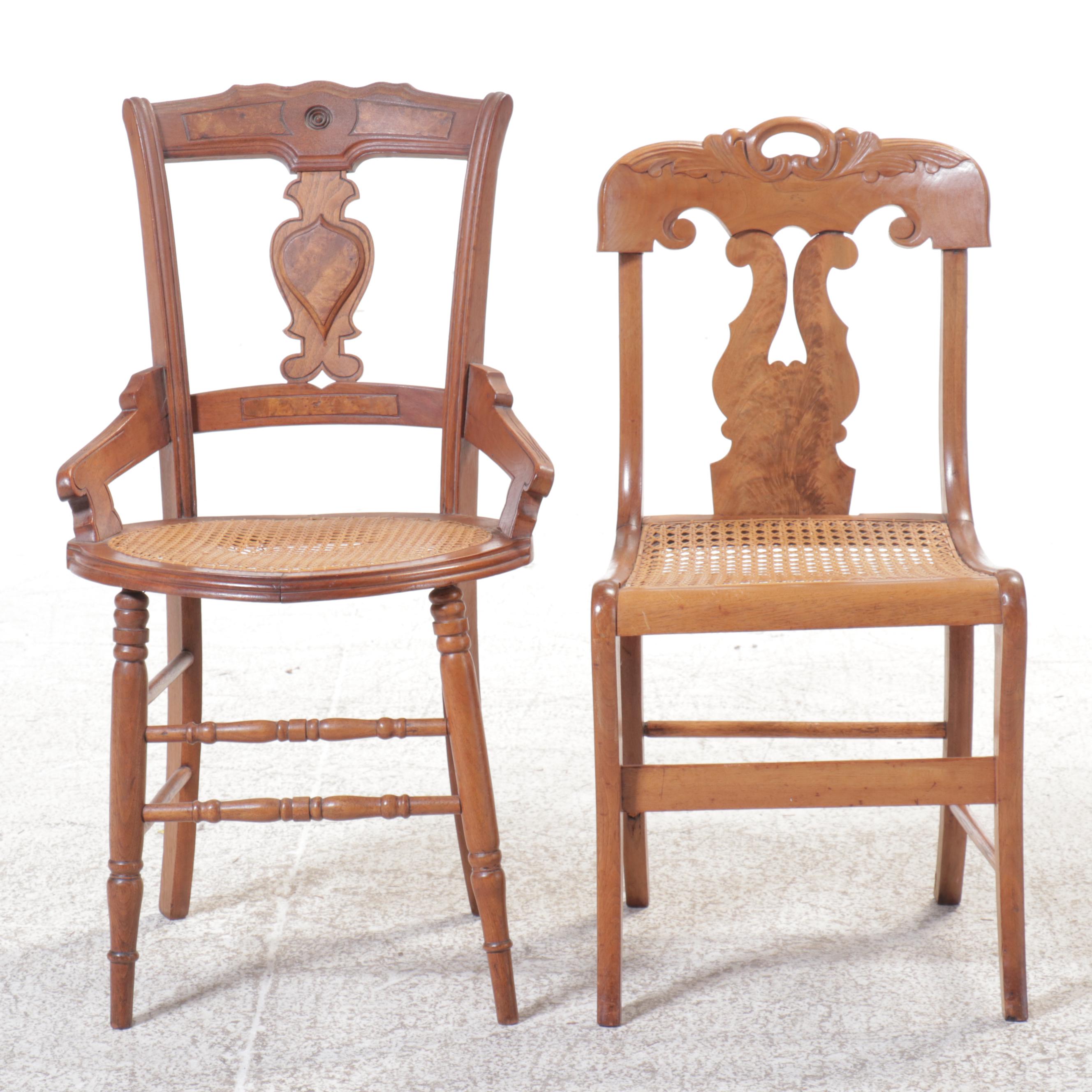Burl Wood Accented Side Chair and Armchair with Cane Seats