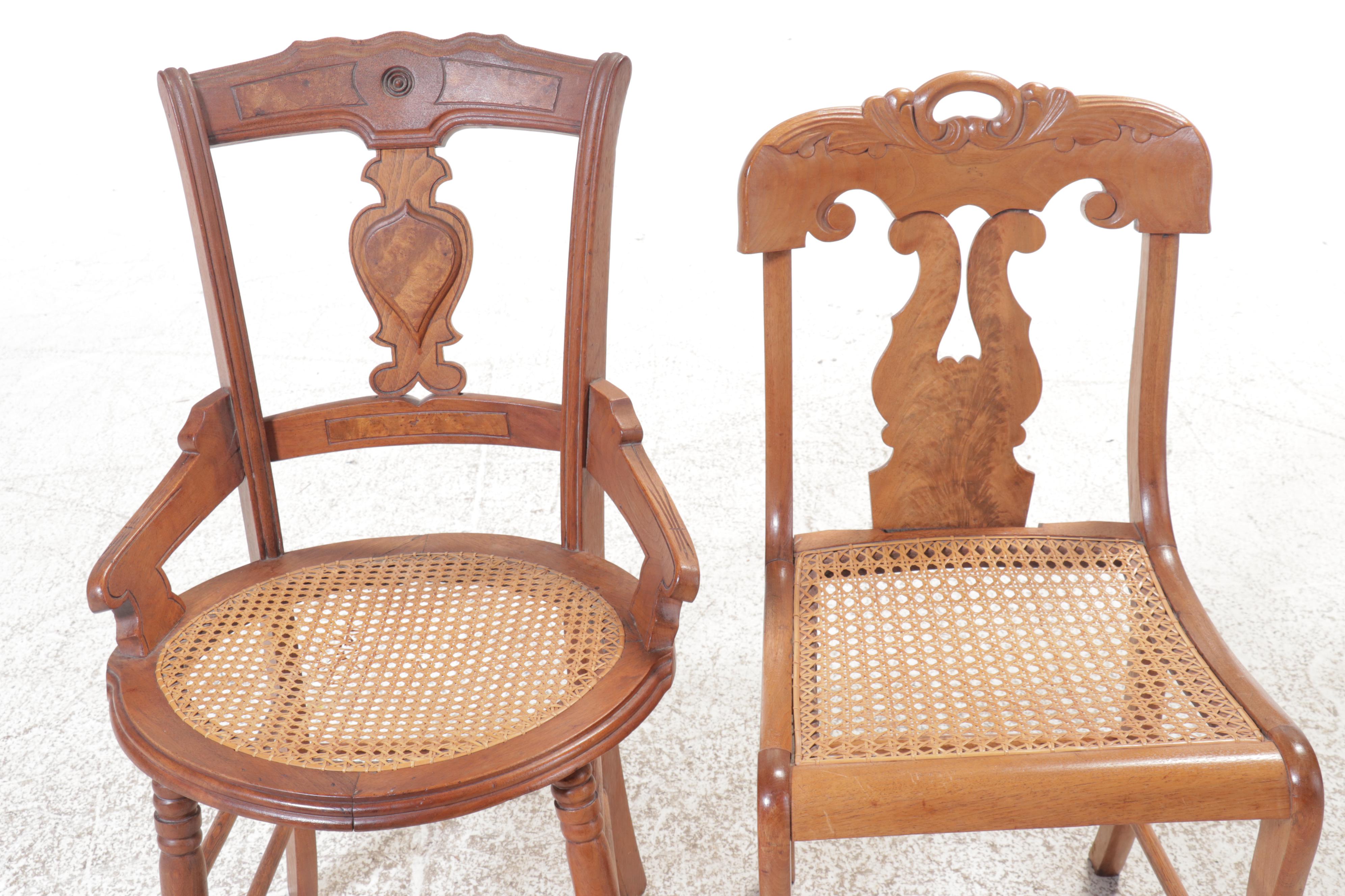 Burl Wood Accented Side Chair and Armchair with Cane Seats
