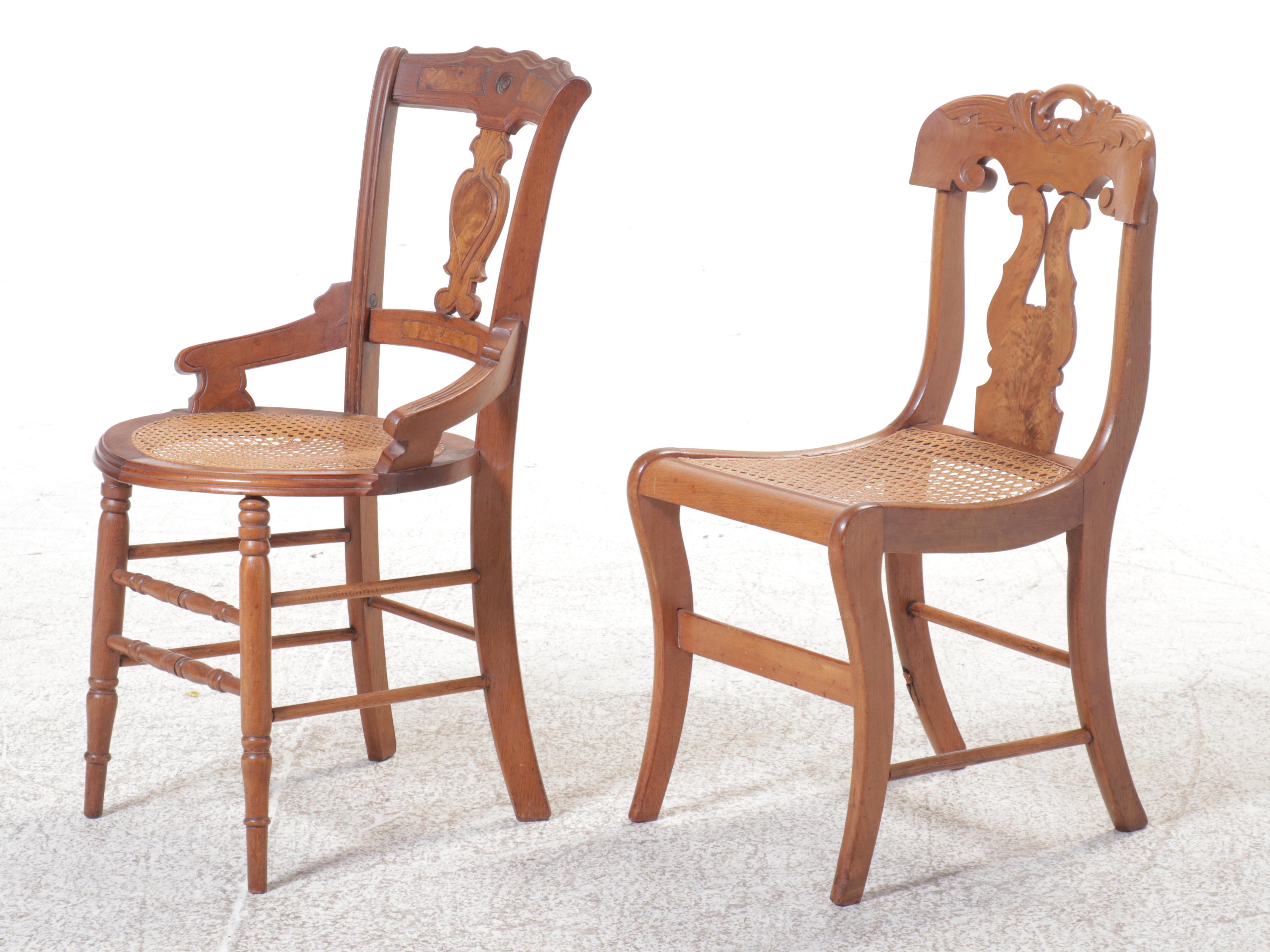 Burl Wood Accented Side Chair and Armchair with Cane Seats