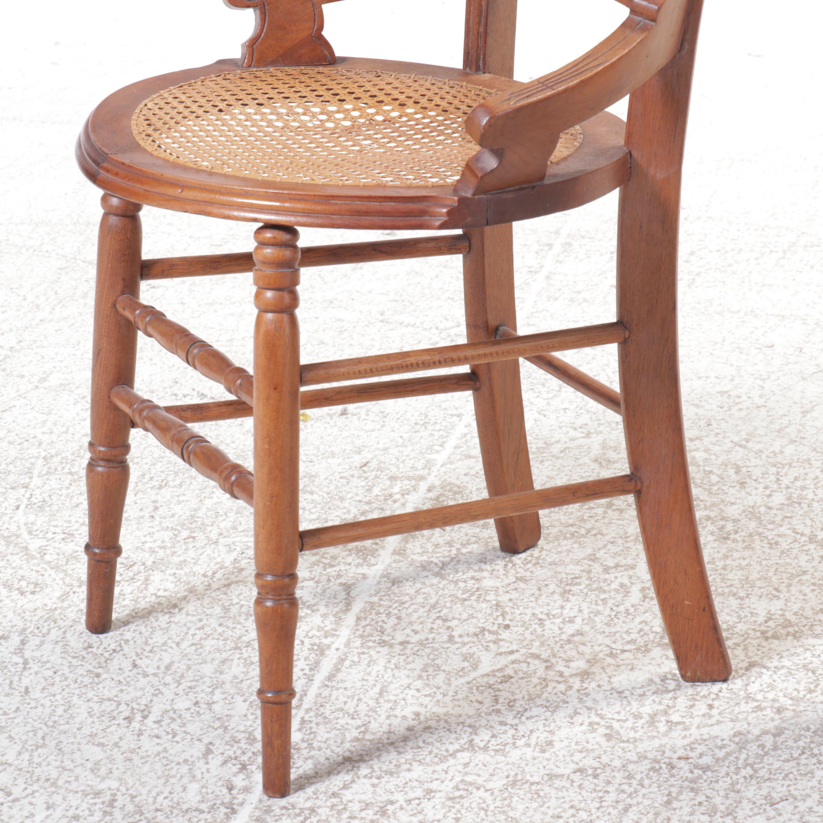 Burl Wood Accented Side Chair and Armchair with Cane Seats