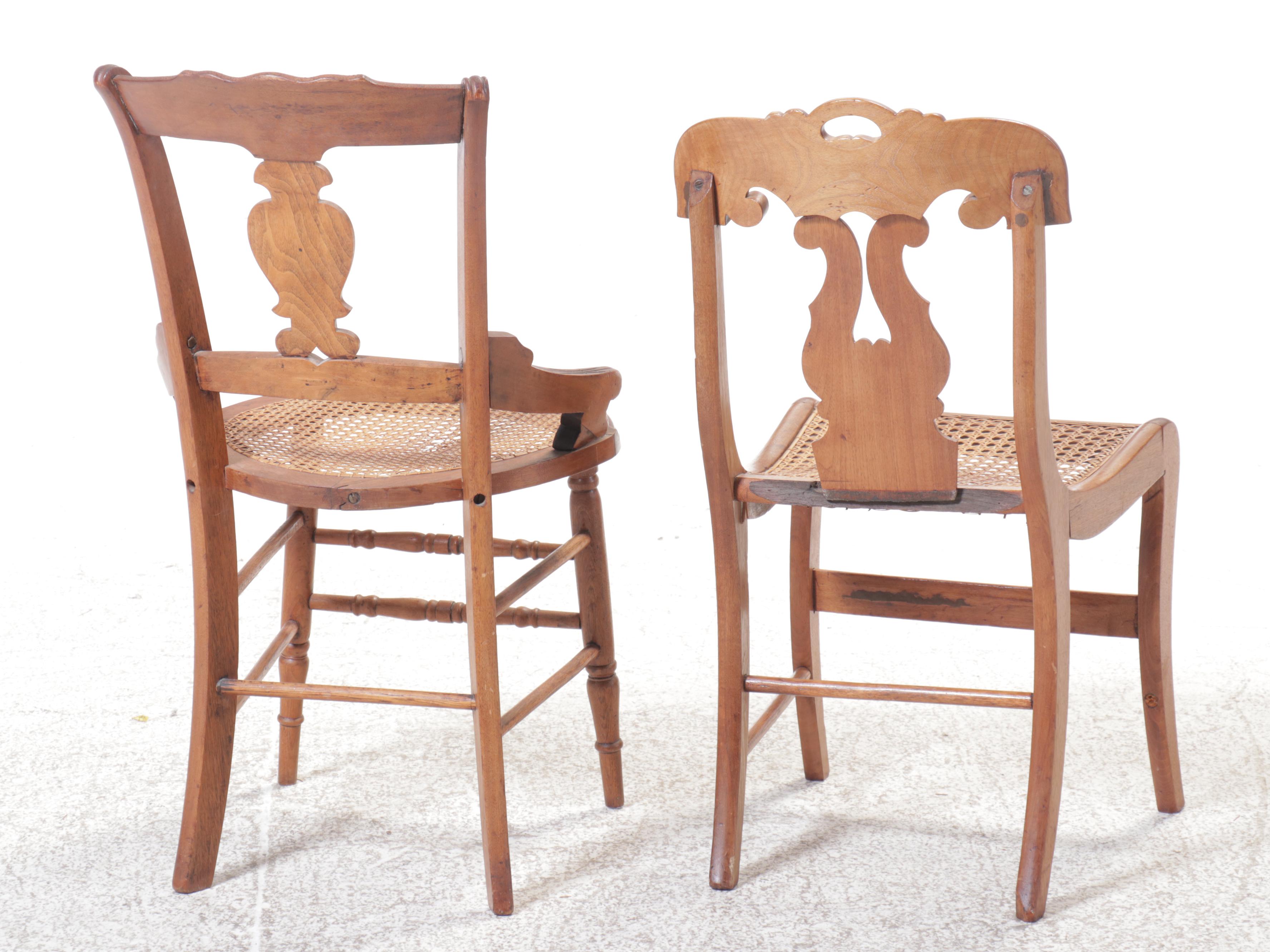 Burl Wood Accented Side Chair and Armchair with Cane Seats