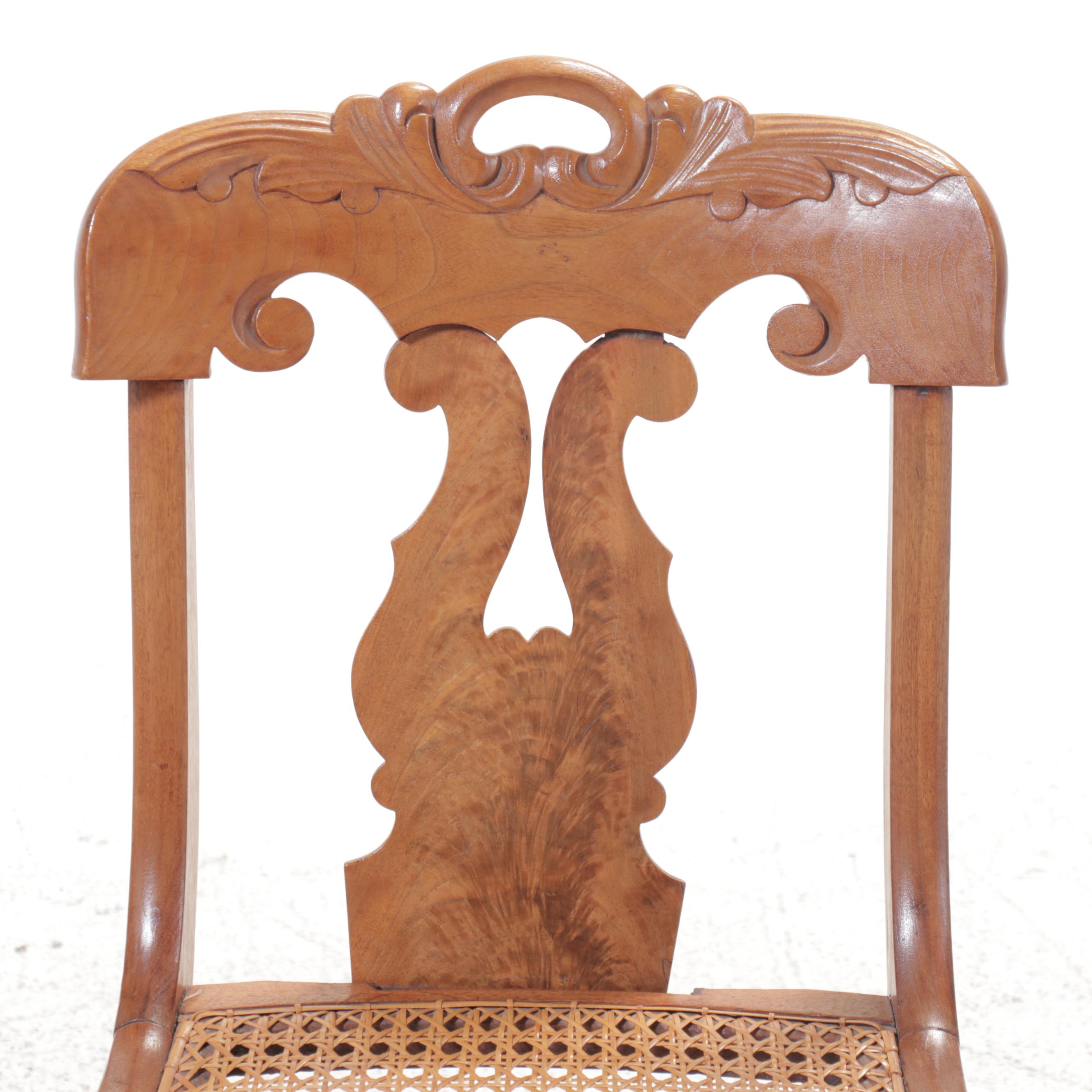 Burl Wood Accented Side Chair and Armchair with Cane Seats