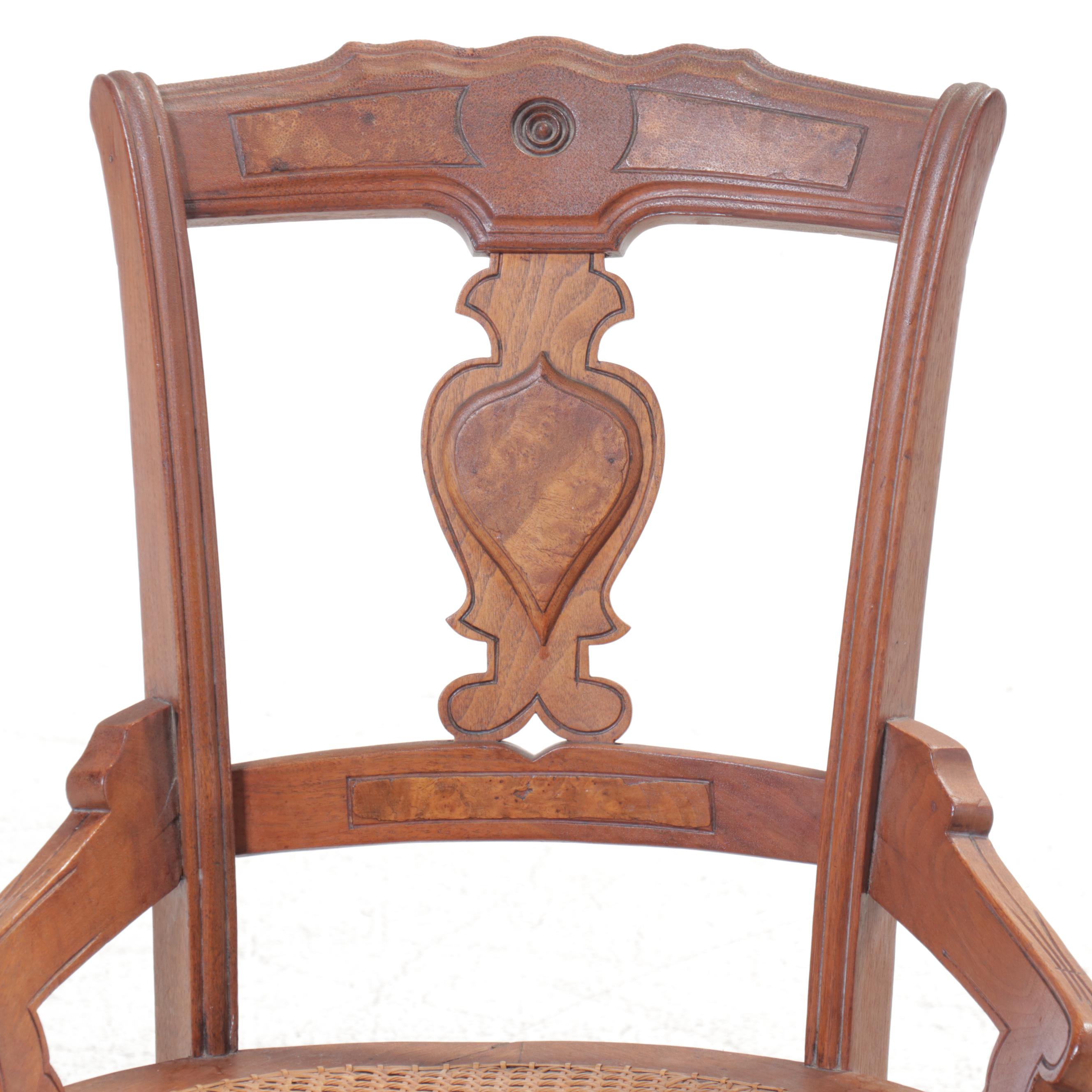 Burl Wood Accented Side Chair and Armchair with Cane Seats
