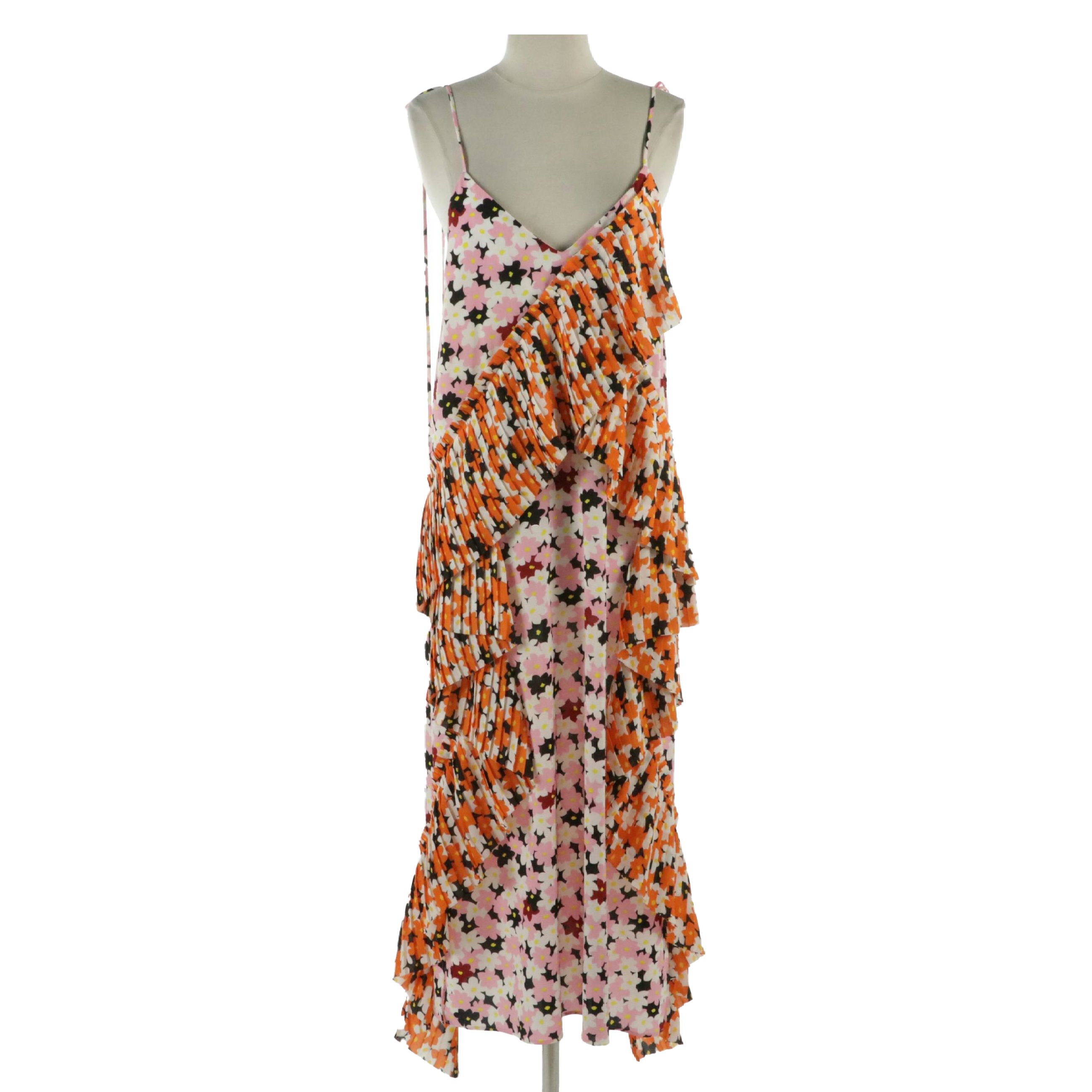 Kenzo Pleated Ruffle Midi Slip Dress in Floral Printed Polyester