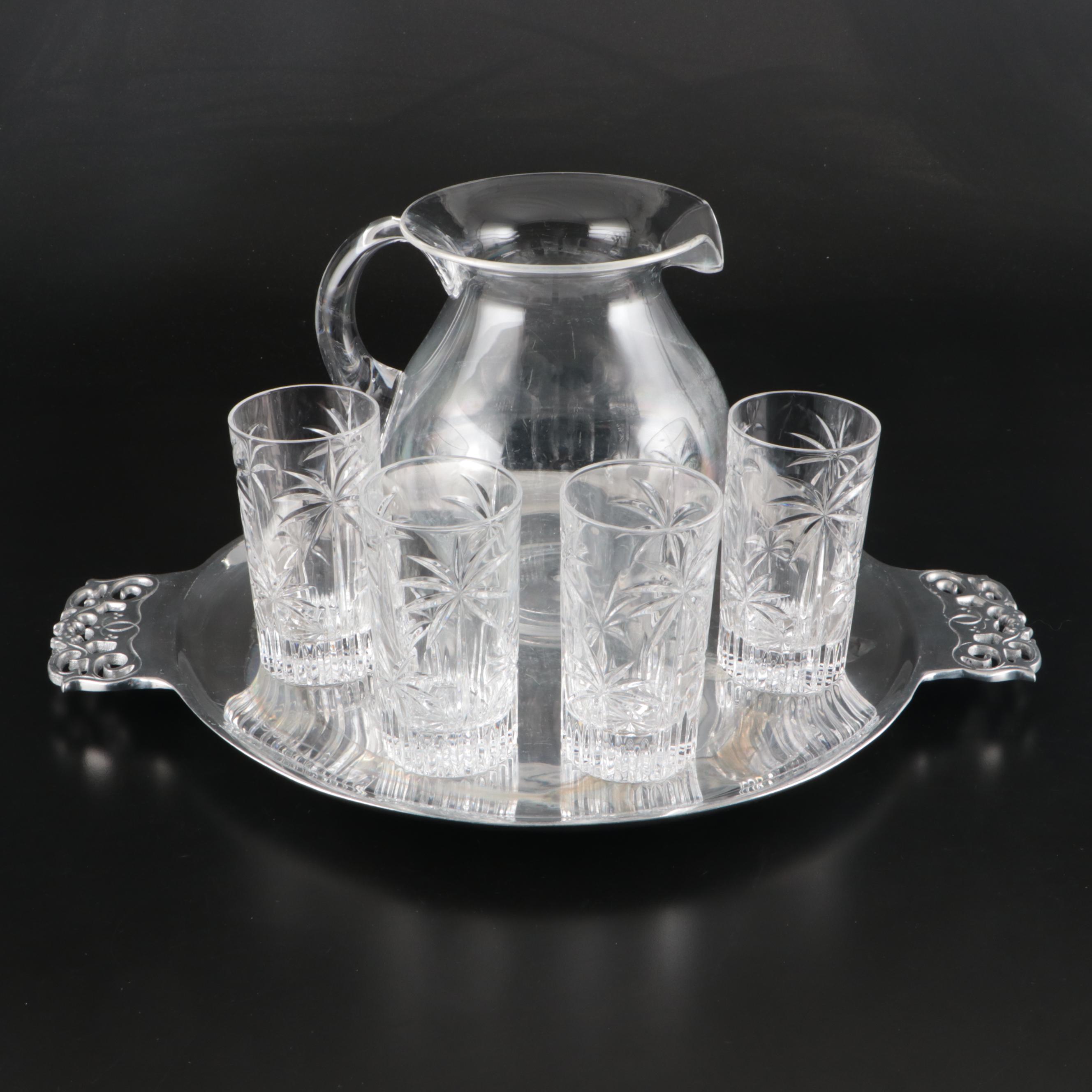 Nambé Metal Circular Tray with Plastic Pitcher and Godinger Crystal Tumblers
