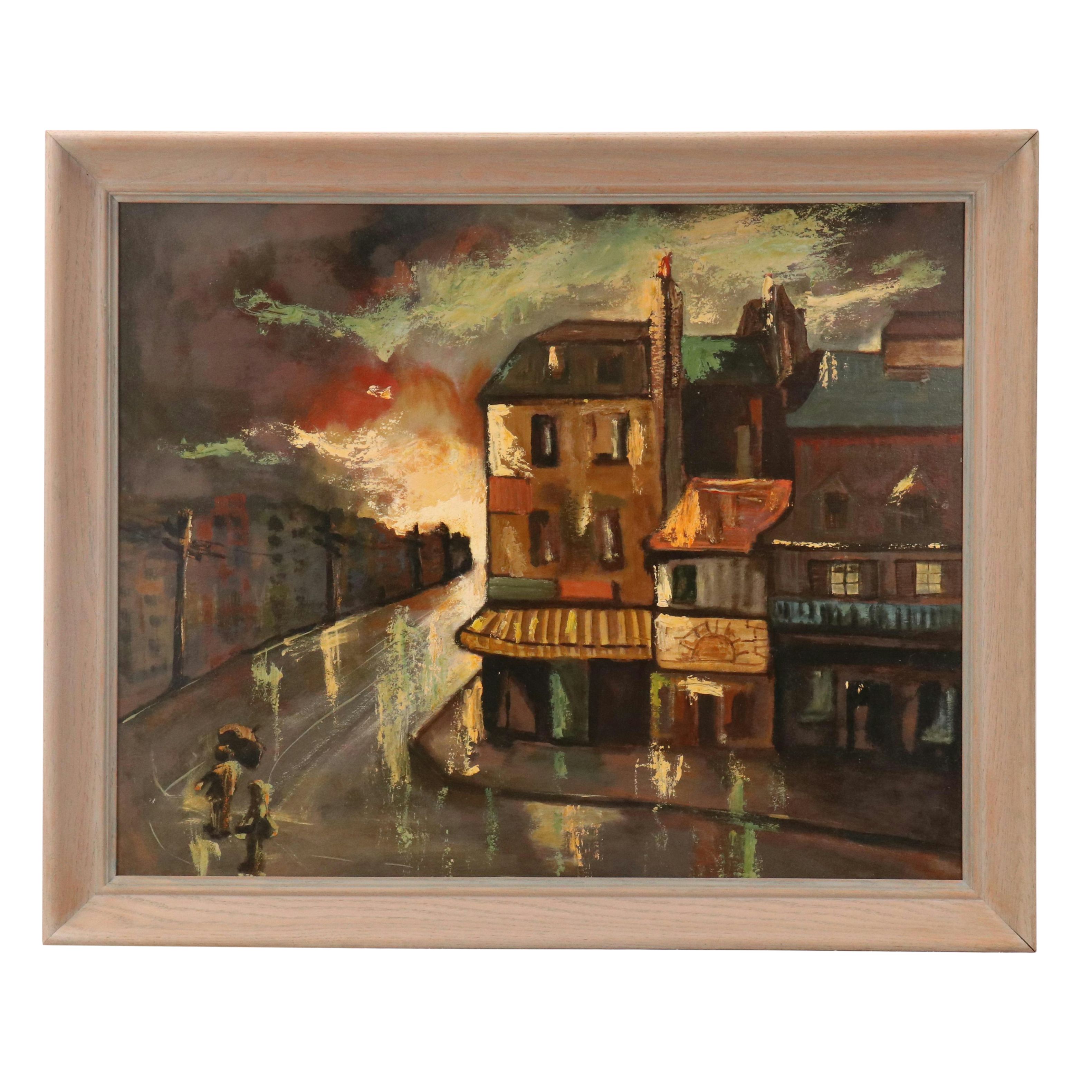 Stormy Nighttime Street Scene Oil Painting, 21st Century