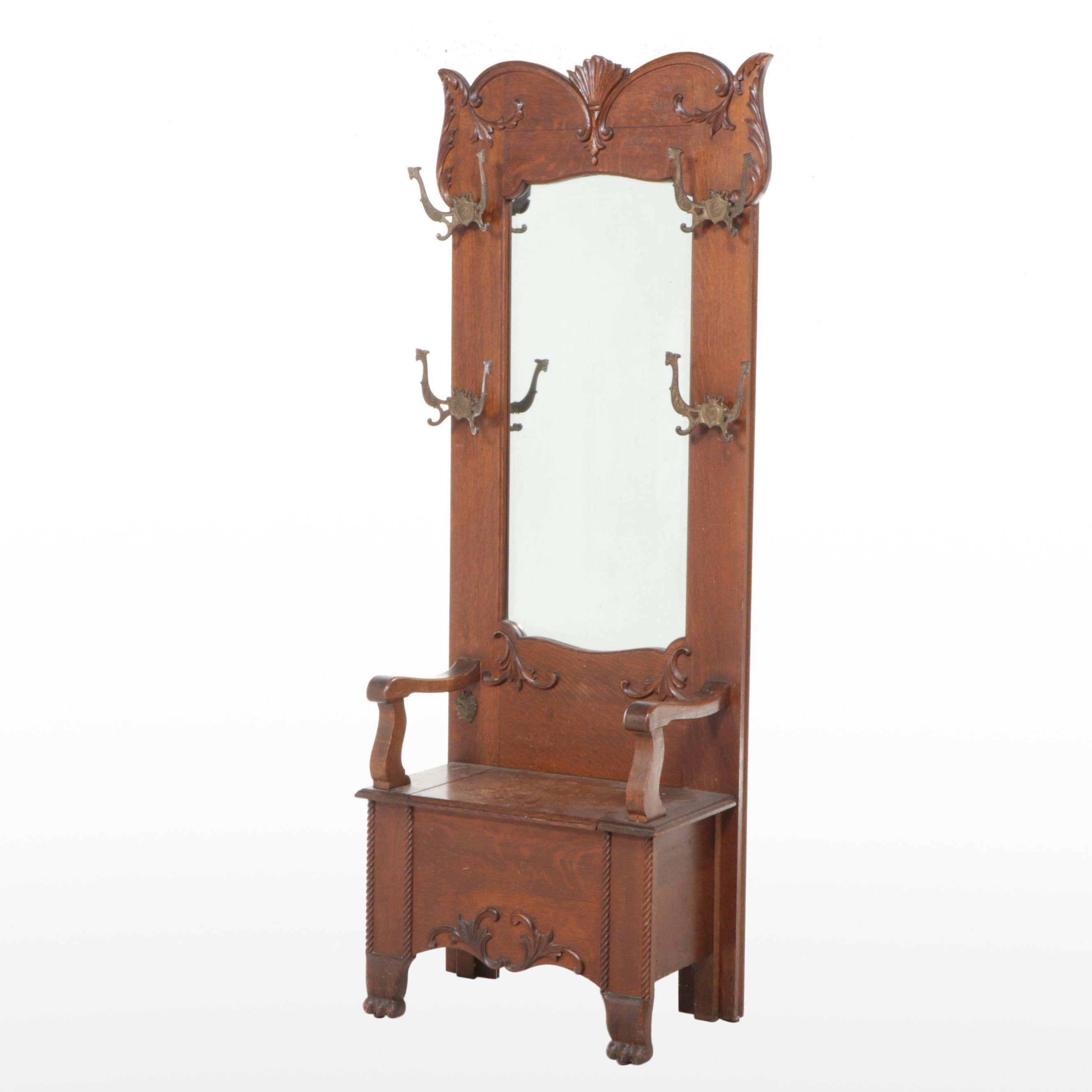 Victorian Carved Oak Hall Bench with Mirror, 19th Century