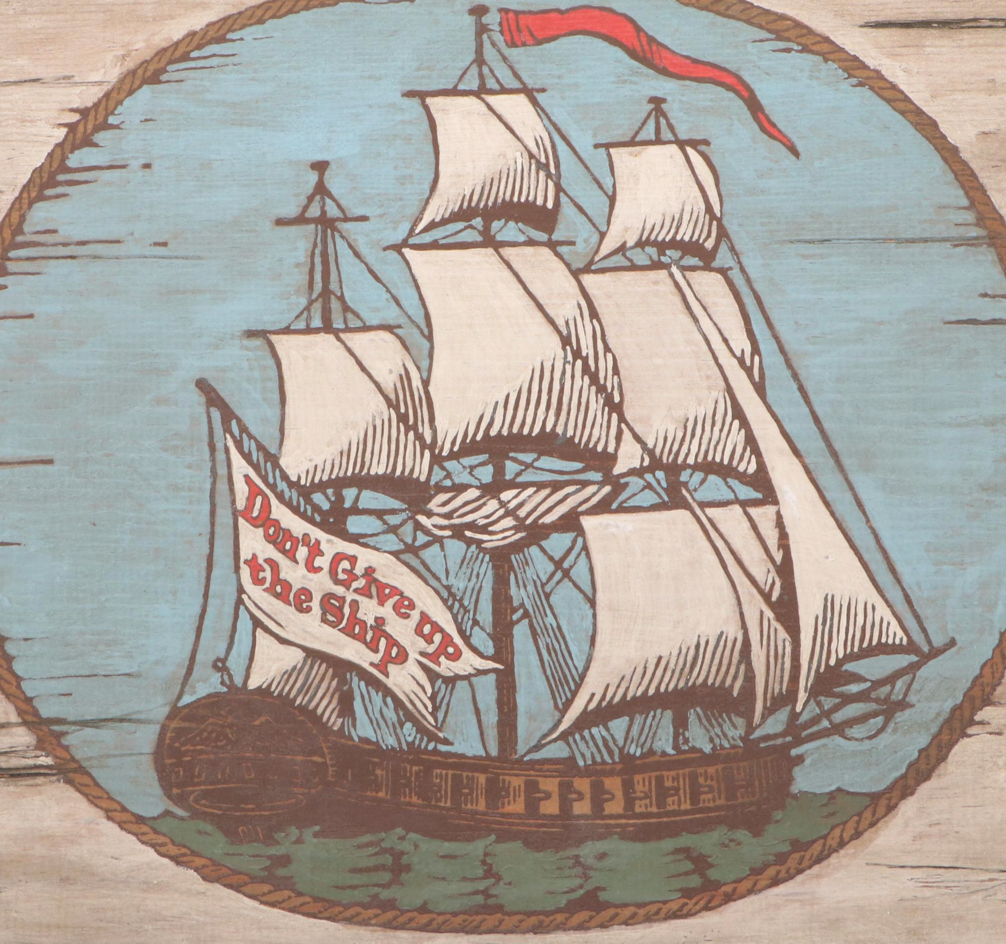 Hand-Painted Folk Art Wooden Infantry Drum and Sailing Ship Decorative Panels