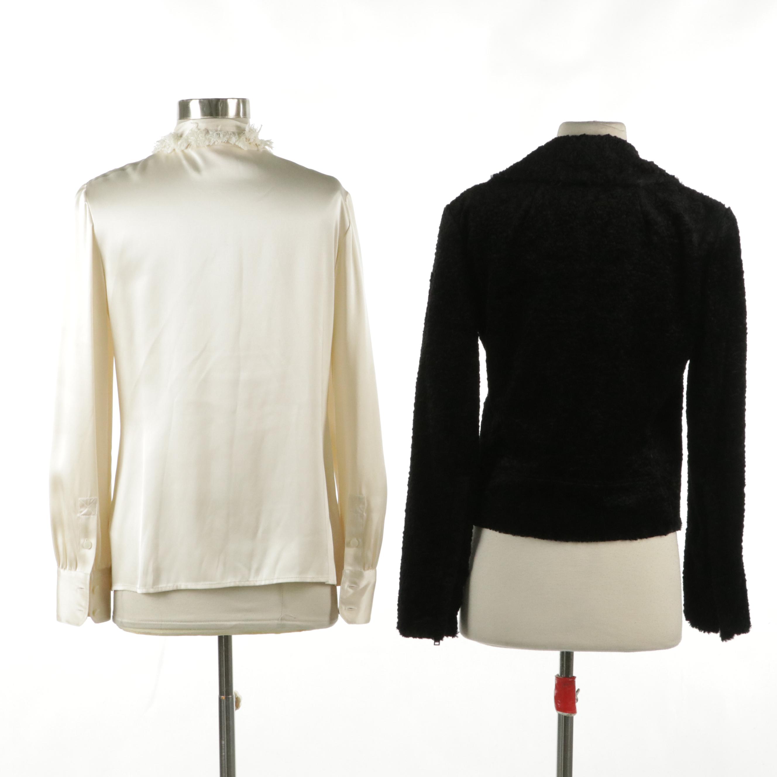 Tory Burch Silk Tie-Neck Button-Up Blouse and Theory Faux Fur Jacket