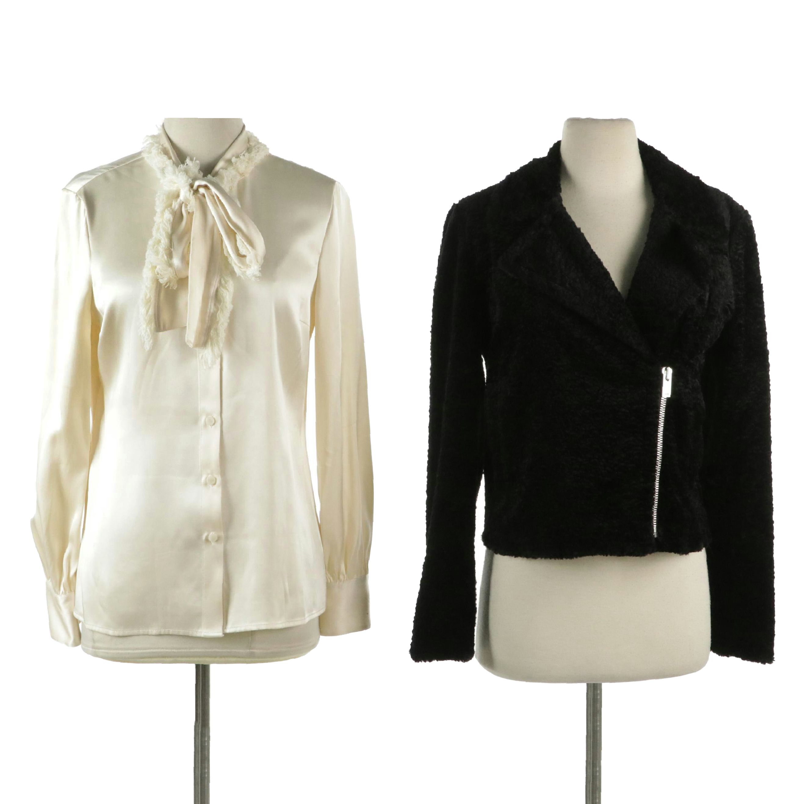 Tory Burch Silk Tie-Neck Button-Up Blouse and Theory Faux Fur Jacket