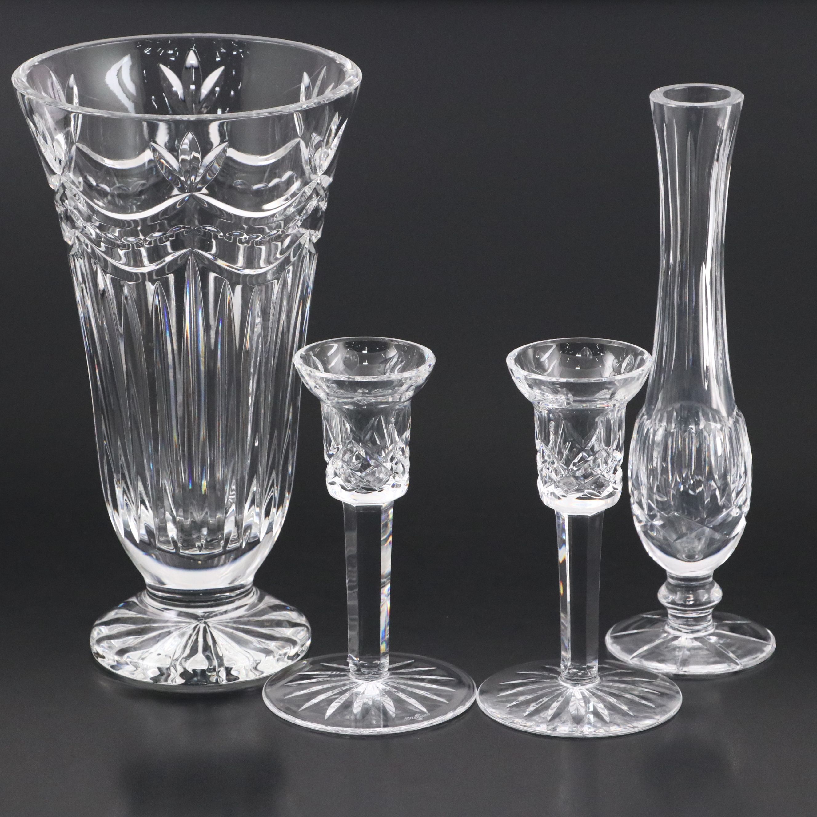 Fifth Avenue "Fairmont" Crystal Vase and Waterford "Lismore" Candlesticks