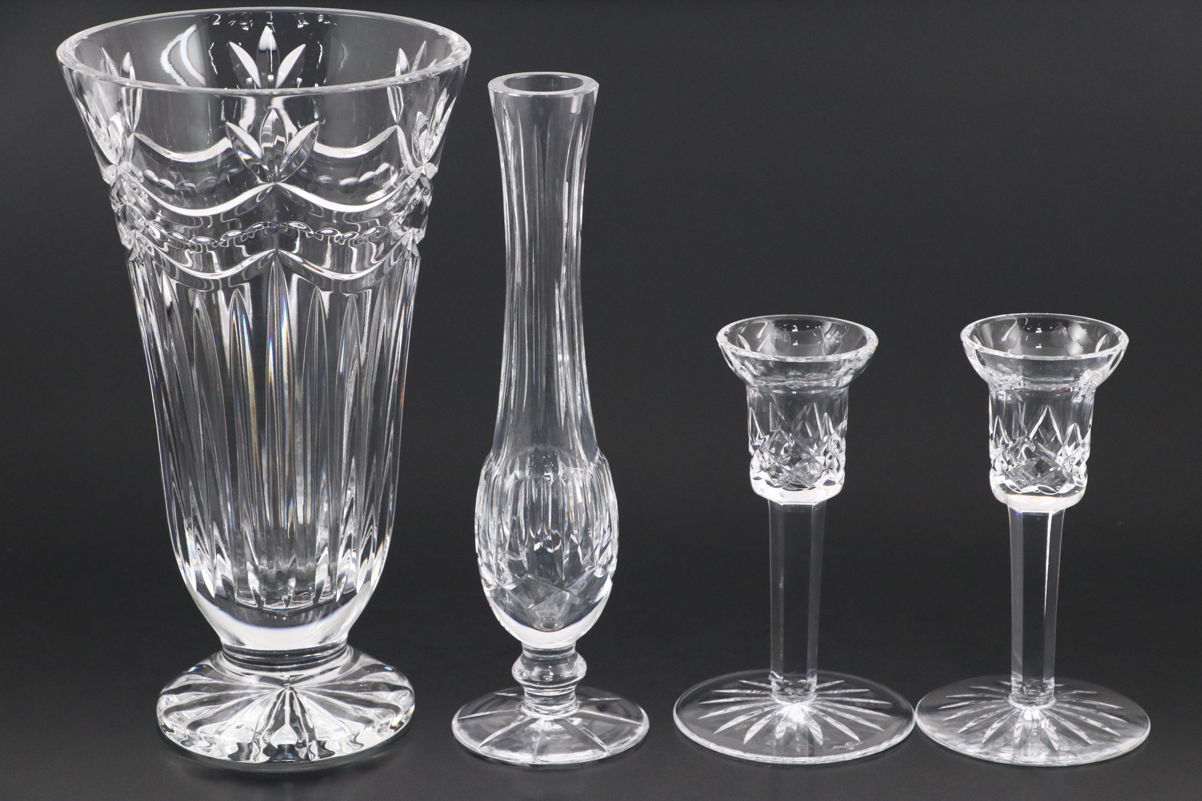 Fifth Avenue "Fairmont" Crystal Vase and Waterford "Lismore" Candlesticks