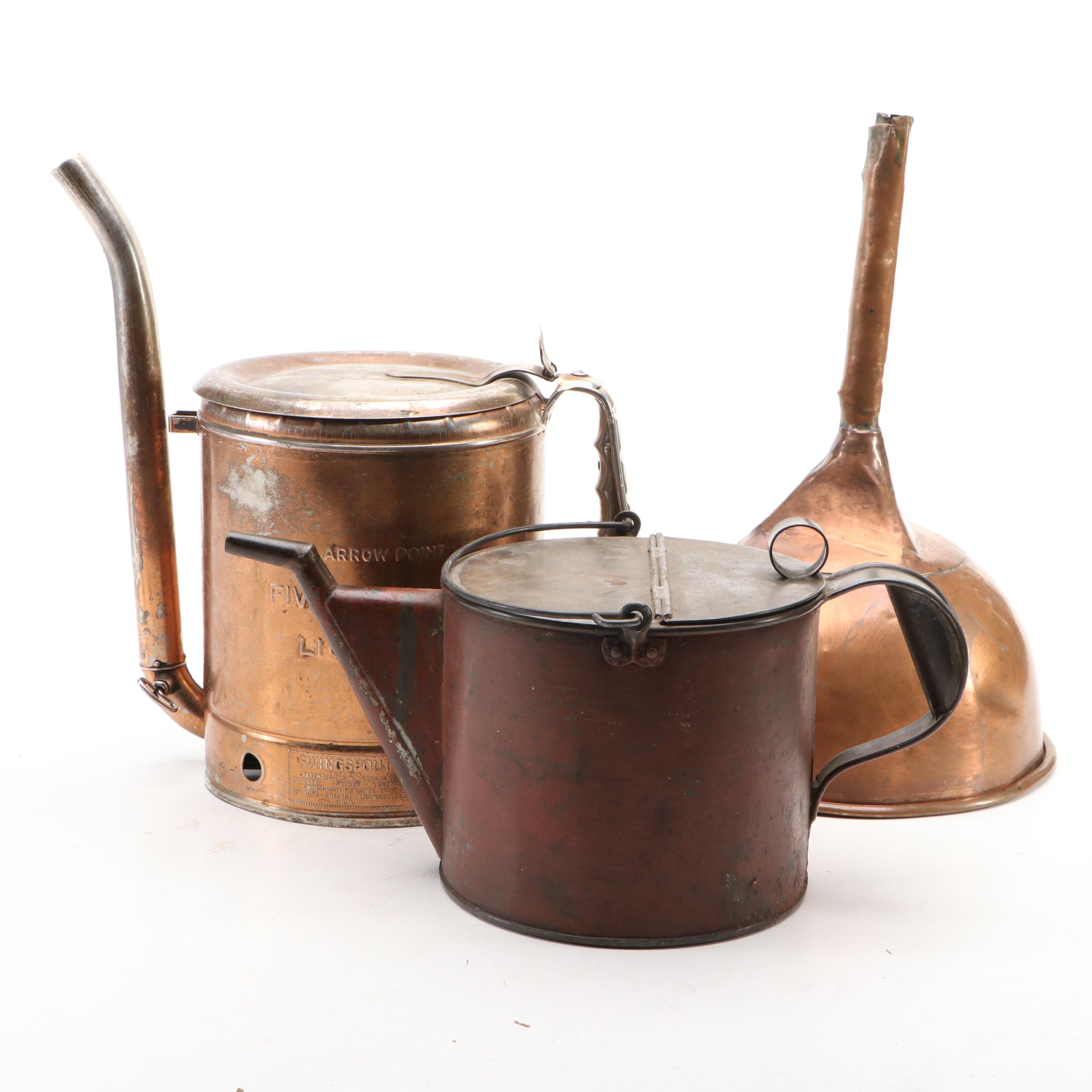 Copper Rolled Rim Funnel with Swingspout Oil Can and Other