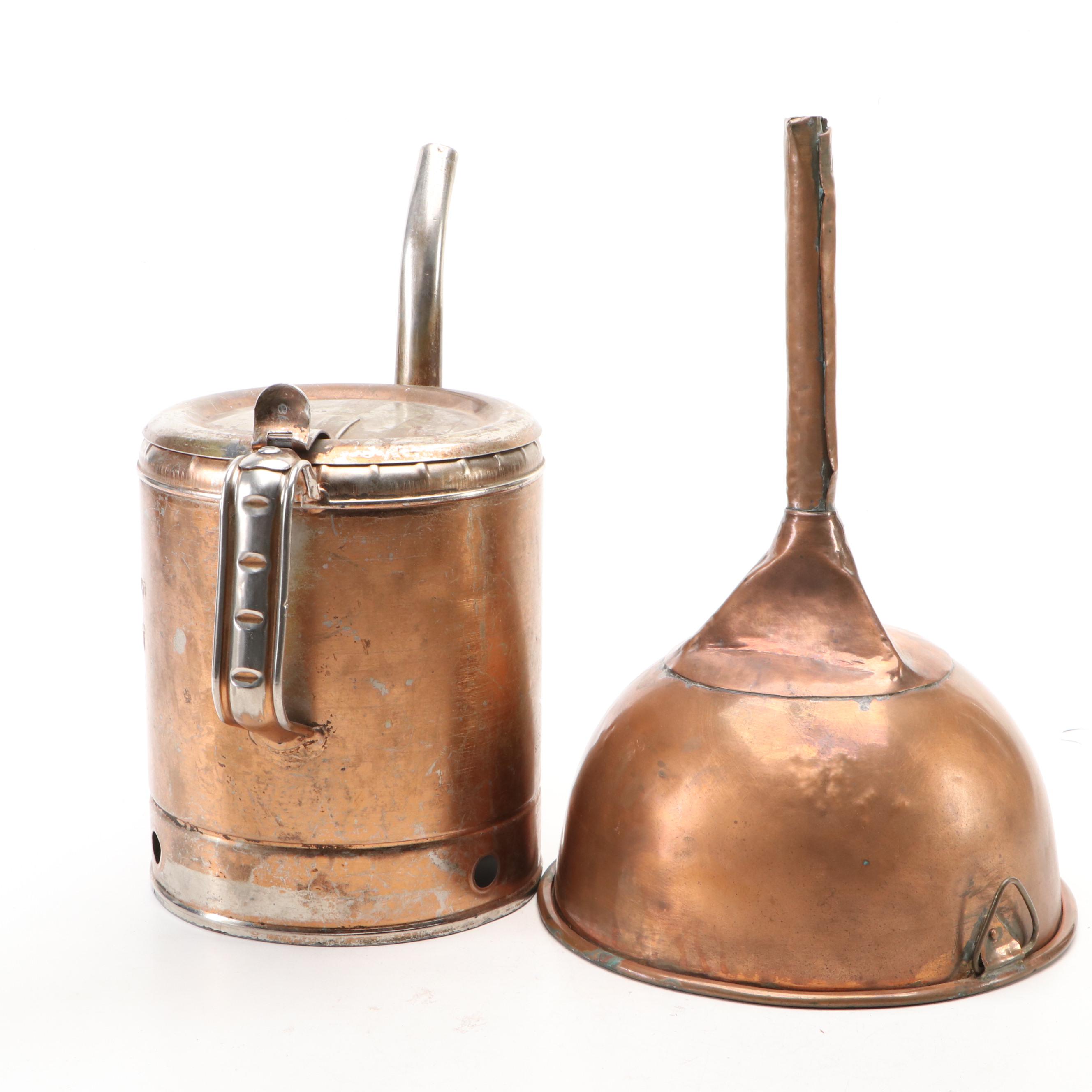 Copper Rolled Rim Funnel with Swingspout Oil Can and Other