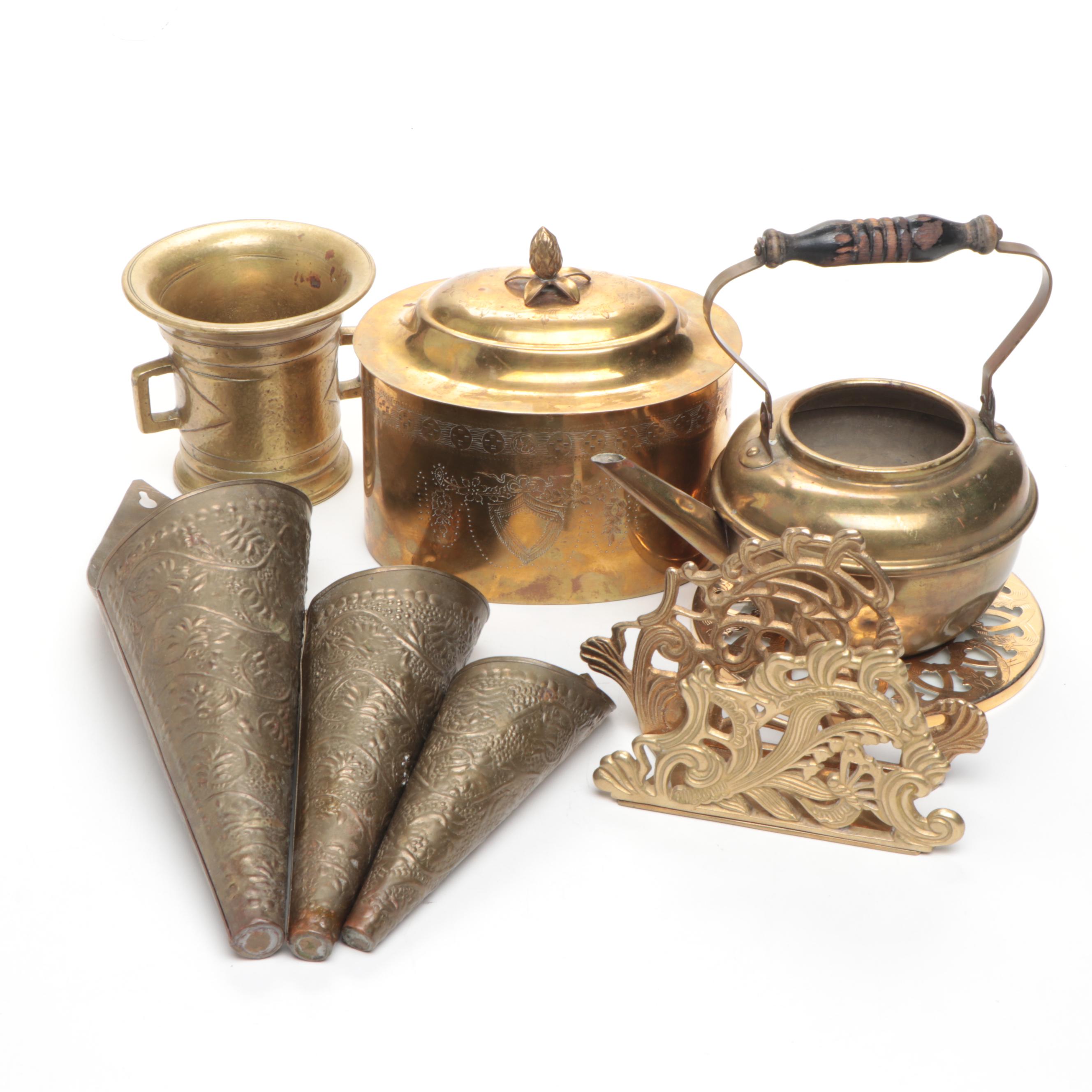 A. M. C. New York Etched Brass Lidded Box with Other Brass and Metal Décor