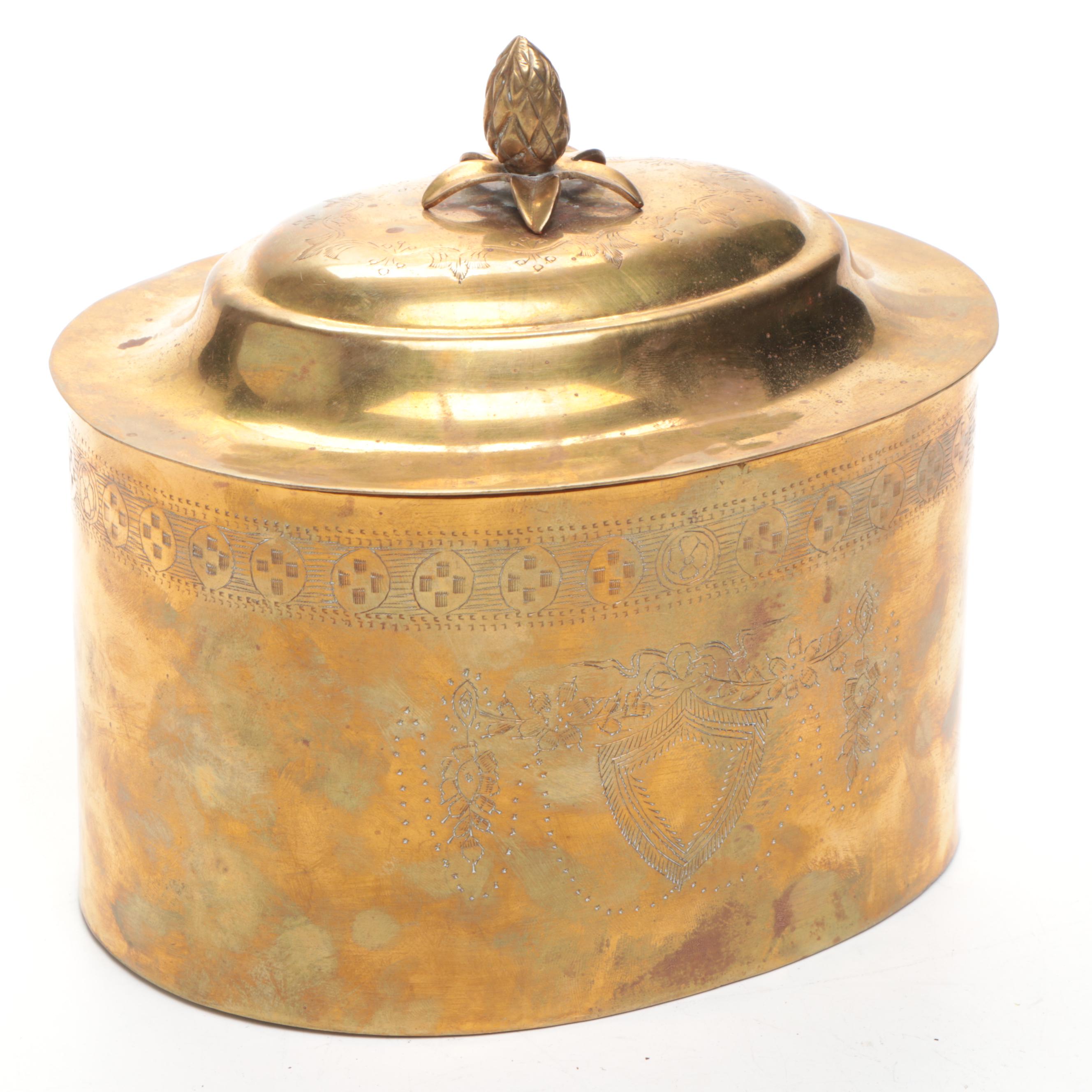 A. M. C. New York Etched Brass Lidded Box with Other Brass and Metal Décor