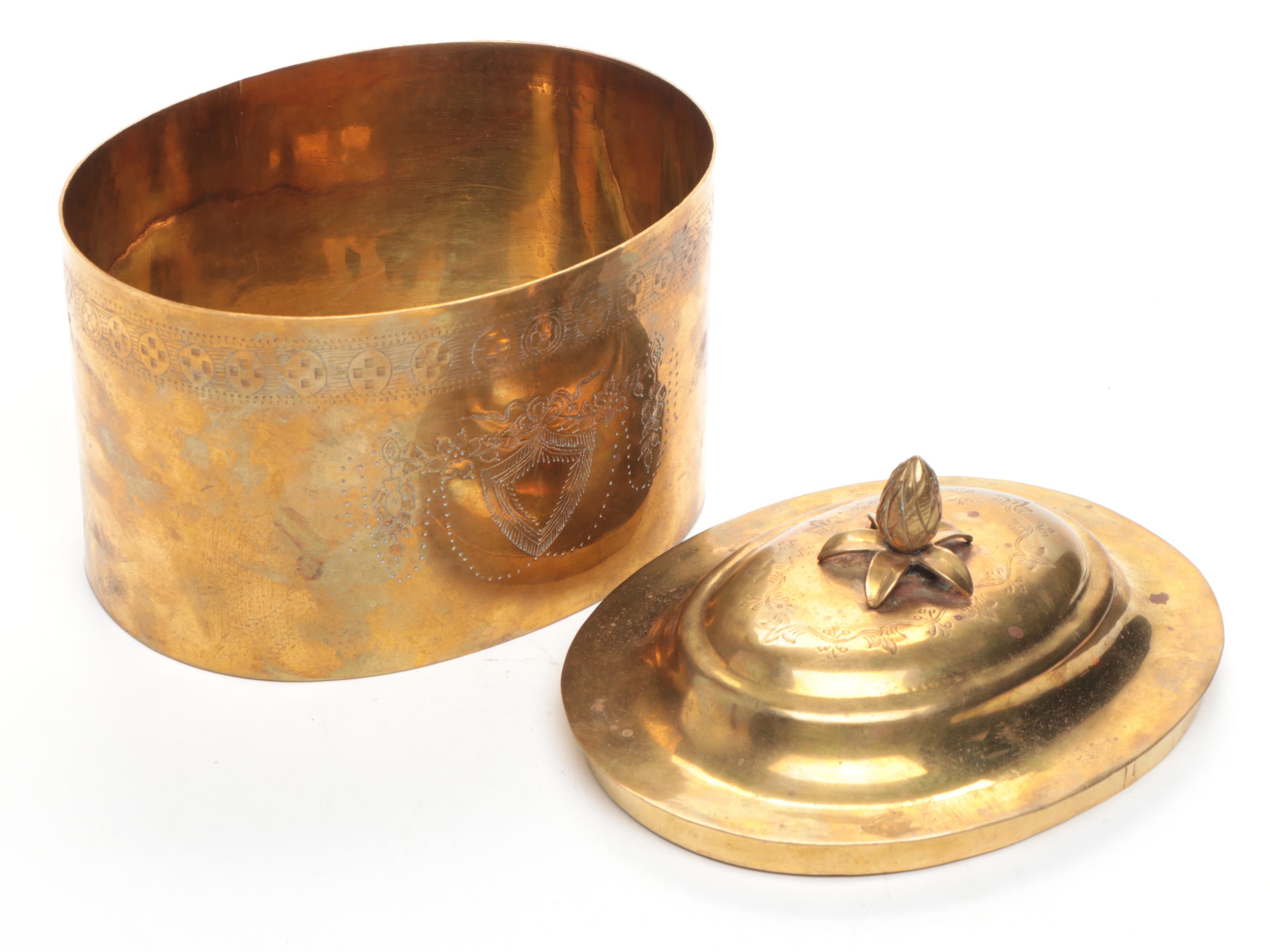 A. M. C. New York Etched Brass Lidded Box with Other Brass and Metal Décor