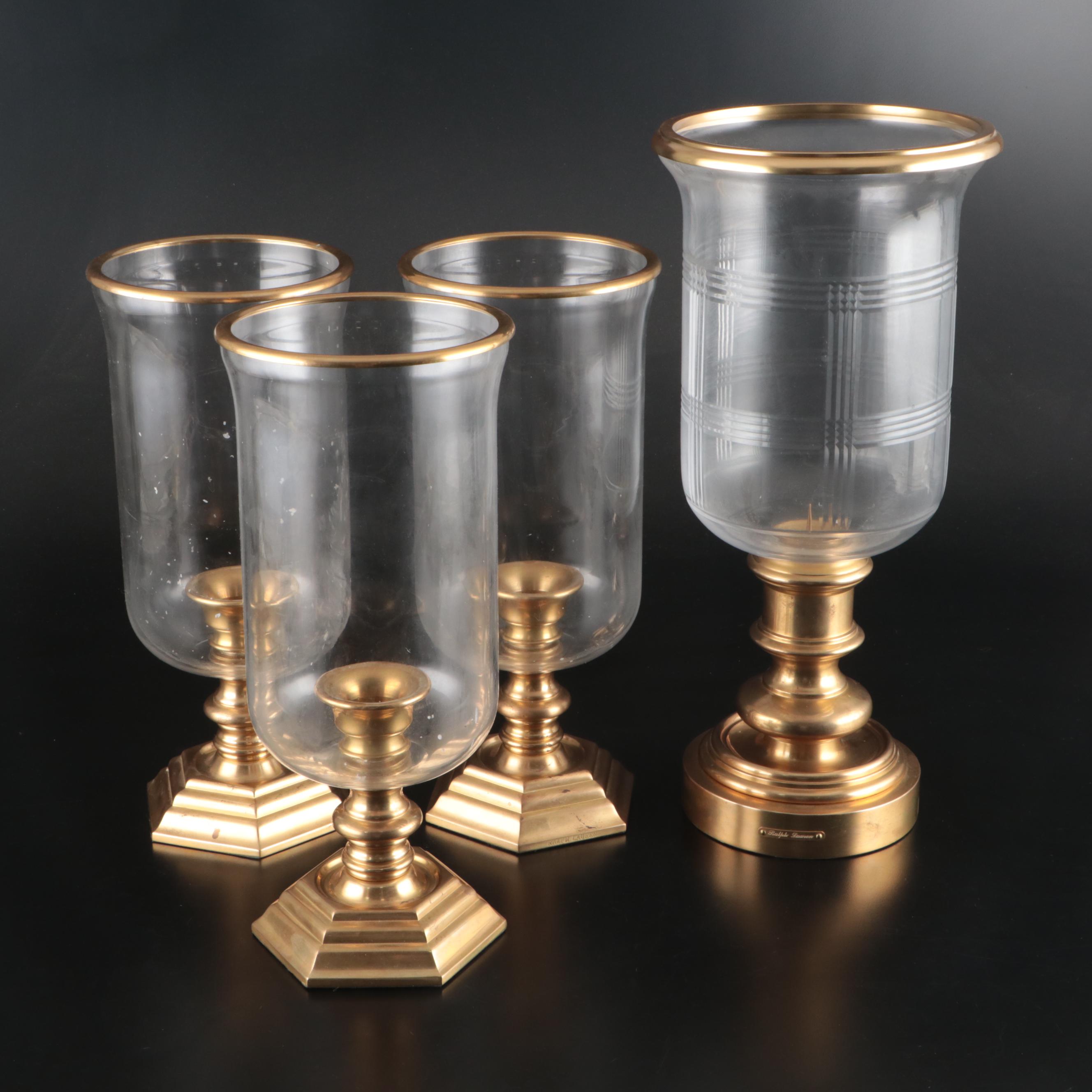 Ralph Lauren "Glen Plaid" Brass and Glass Hurricane Candlestick with Others