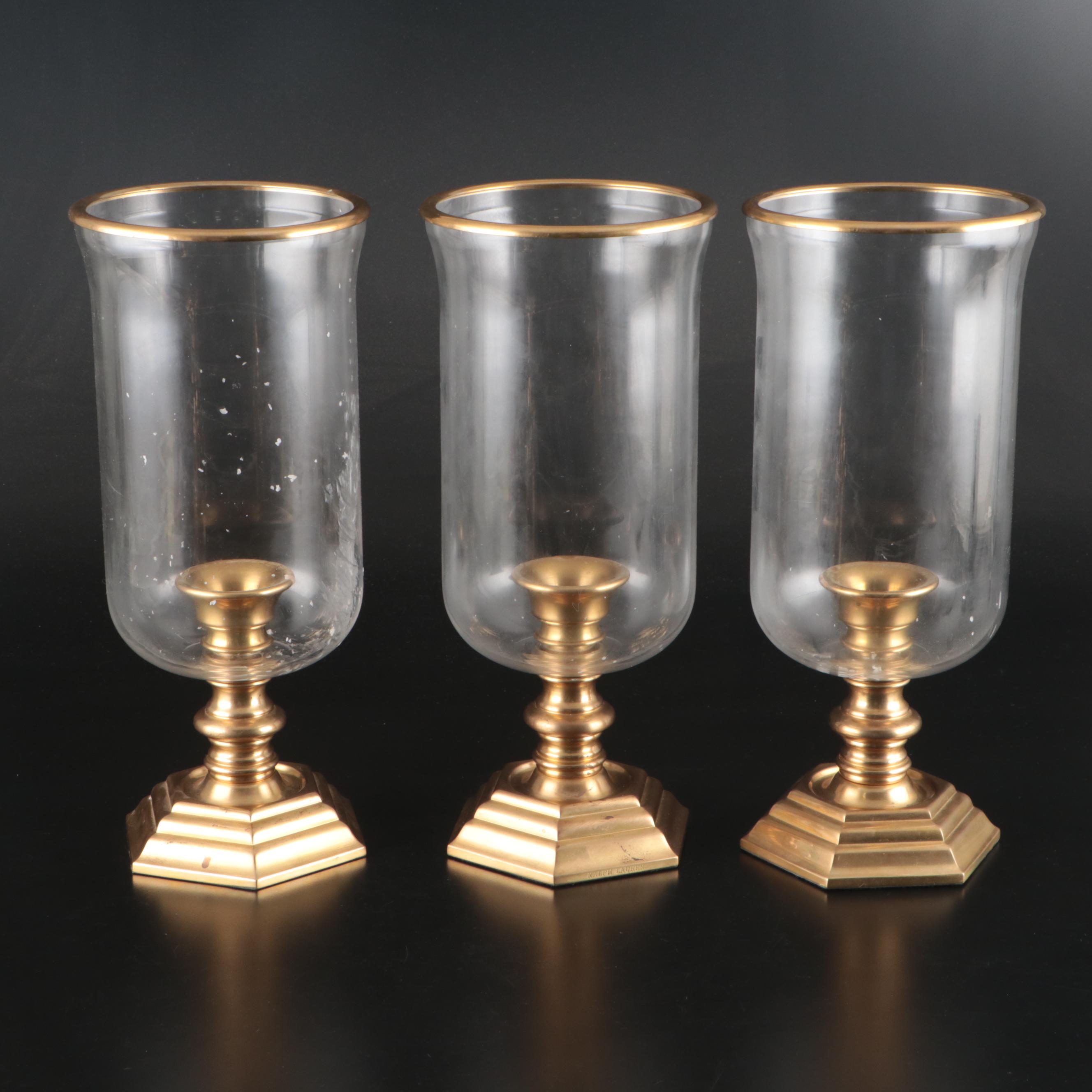 Ralph Lauren "Glen Plaid" Brass and Glass Hurricane Candlestick with Others