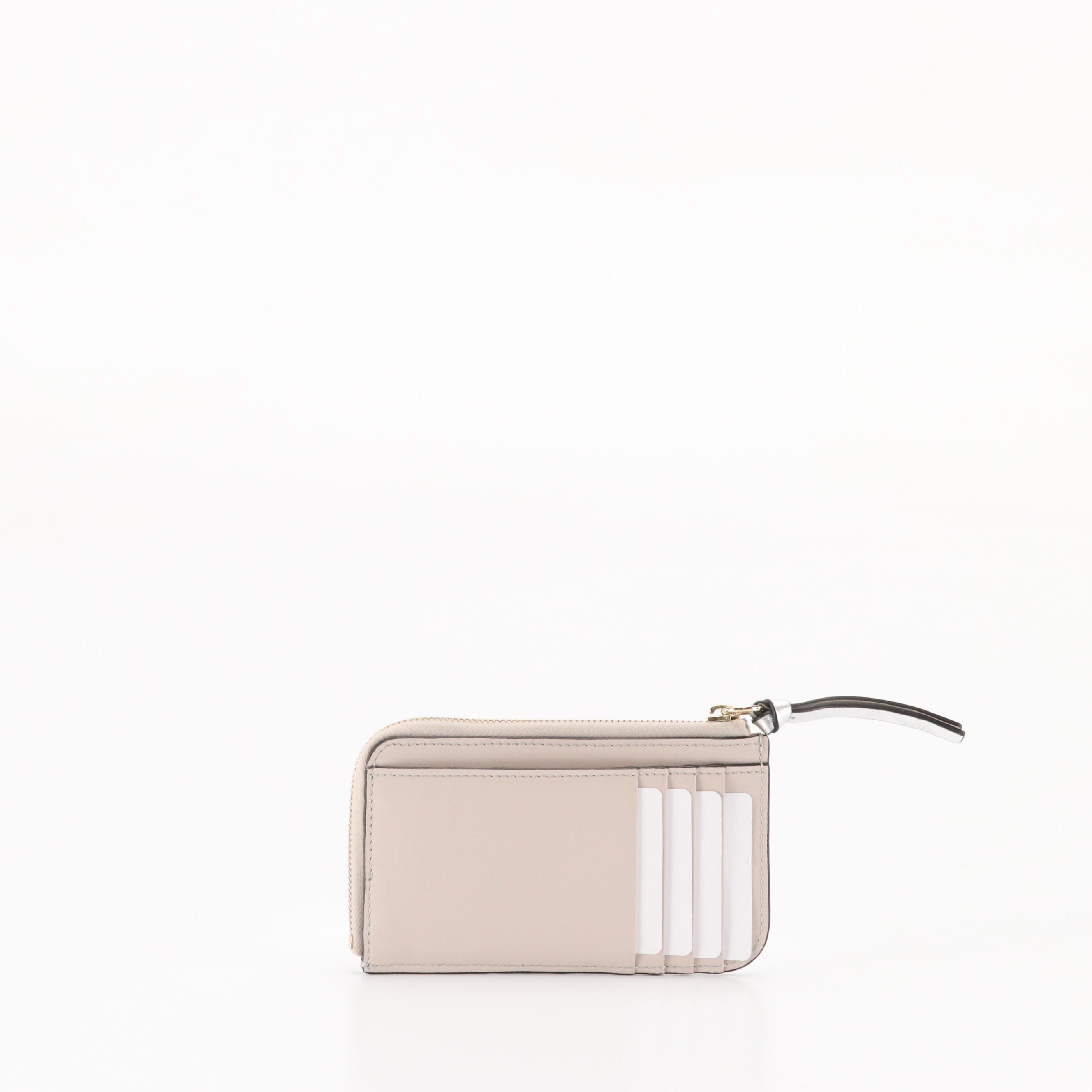 Chloé Corner-Zip Card Wallet in Stone and Silver Metallic Leather, With Box