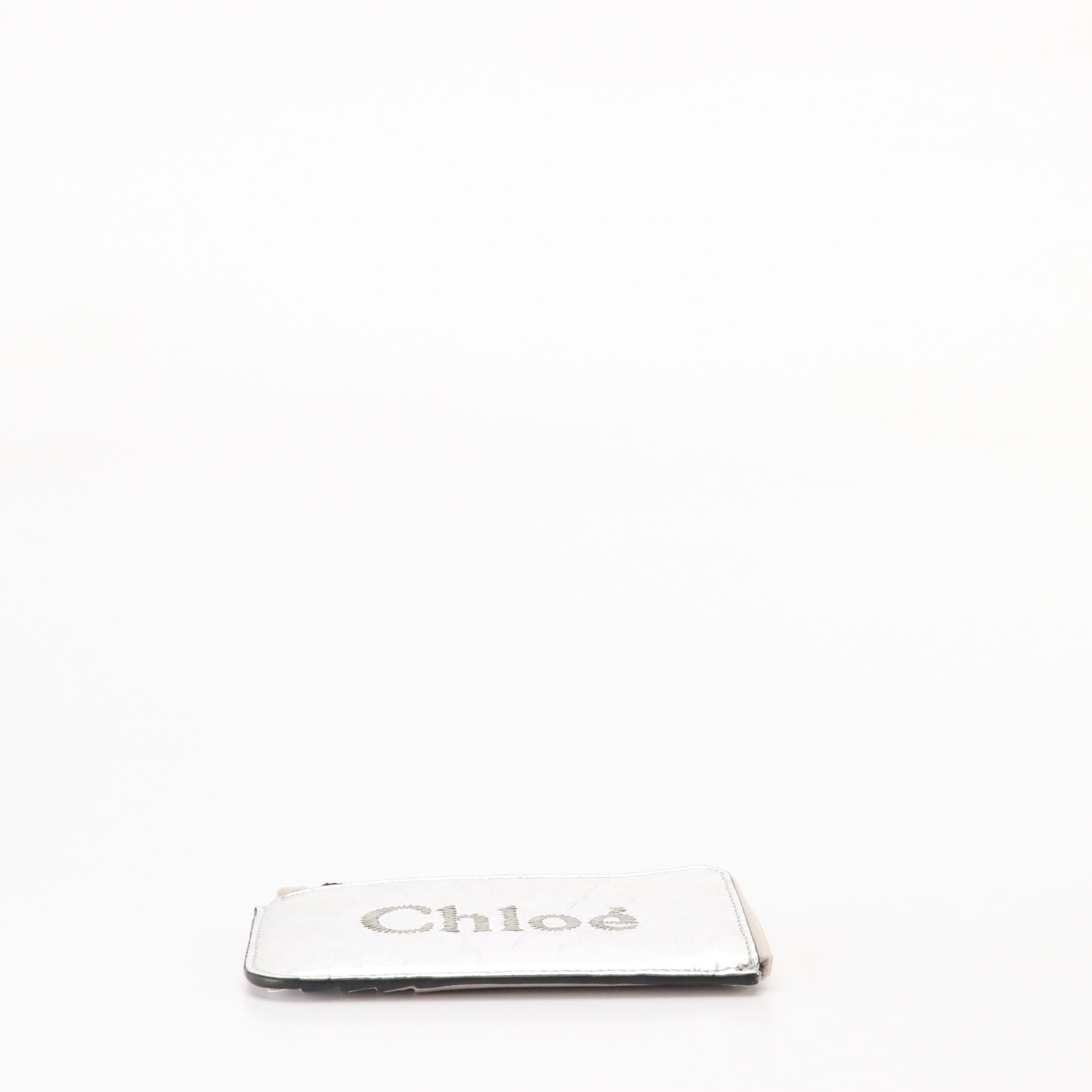Chloé Corner-Zip Card Wallet in Stone and Silver Metallic Leather, With Box