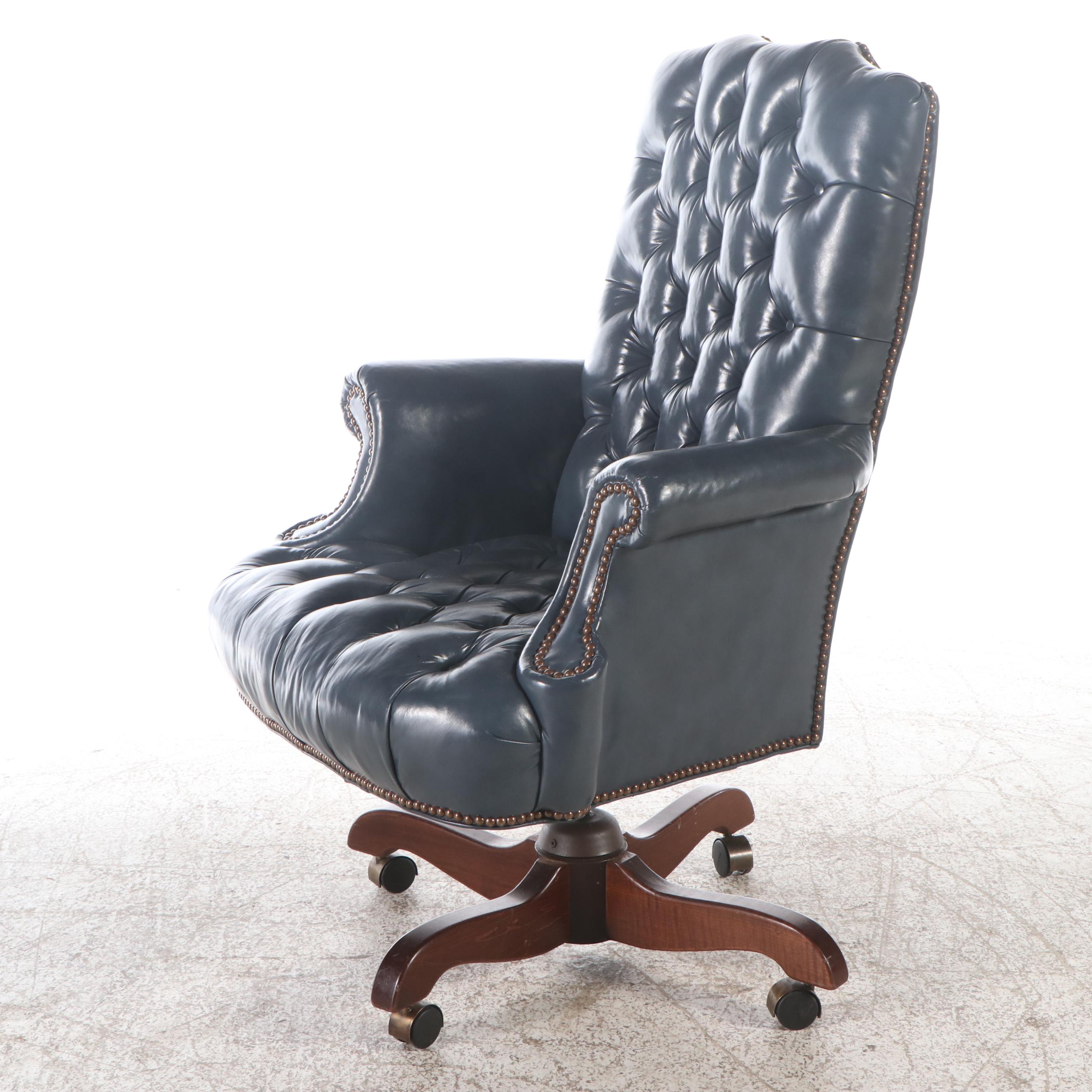 Chippendale Style Button-Tufted Blue Faux Leather Upholstered Office Chair
