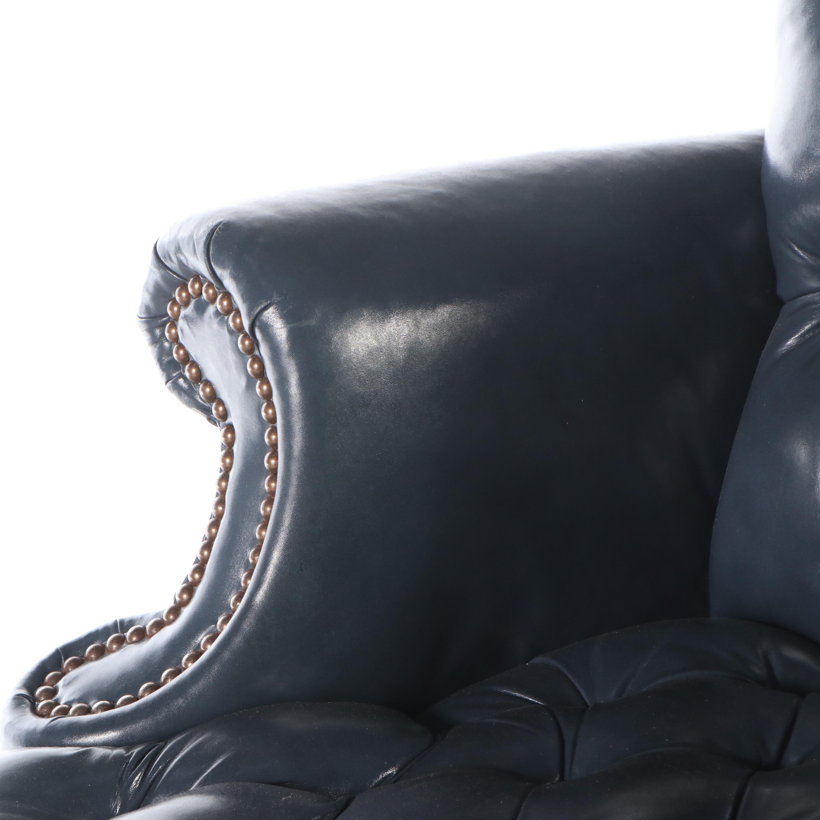 Chippendale Style Button-Tufted Blue Faux Leather Upholstered Office Chair