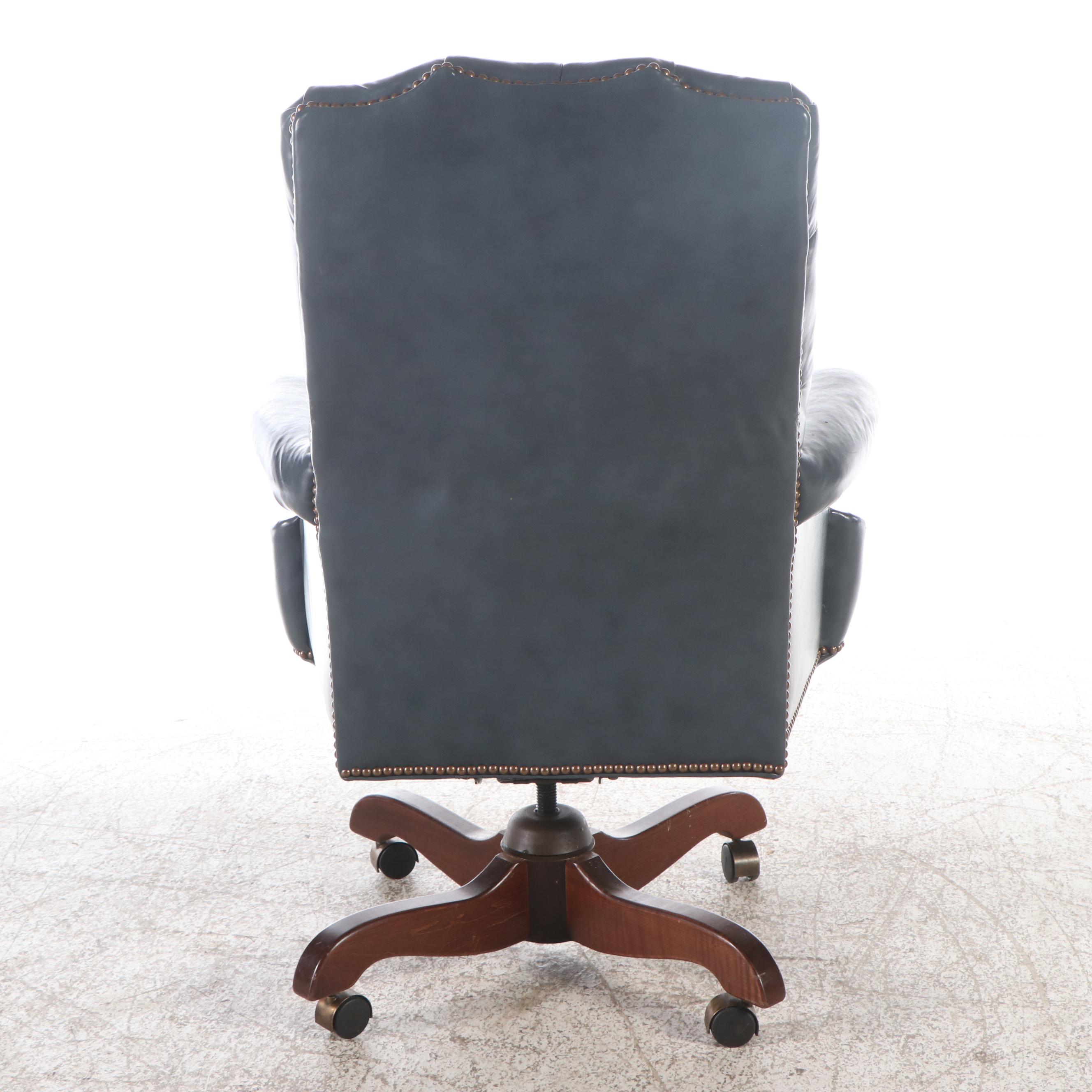 Chippendale Style Button-Tufted Blue Faux Leather Upholstered Office Chair