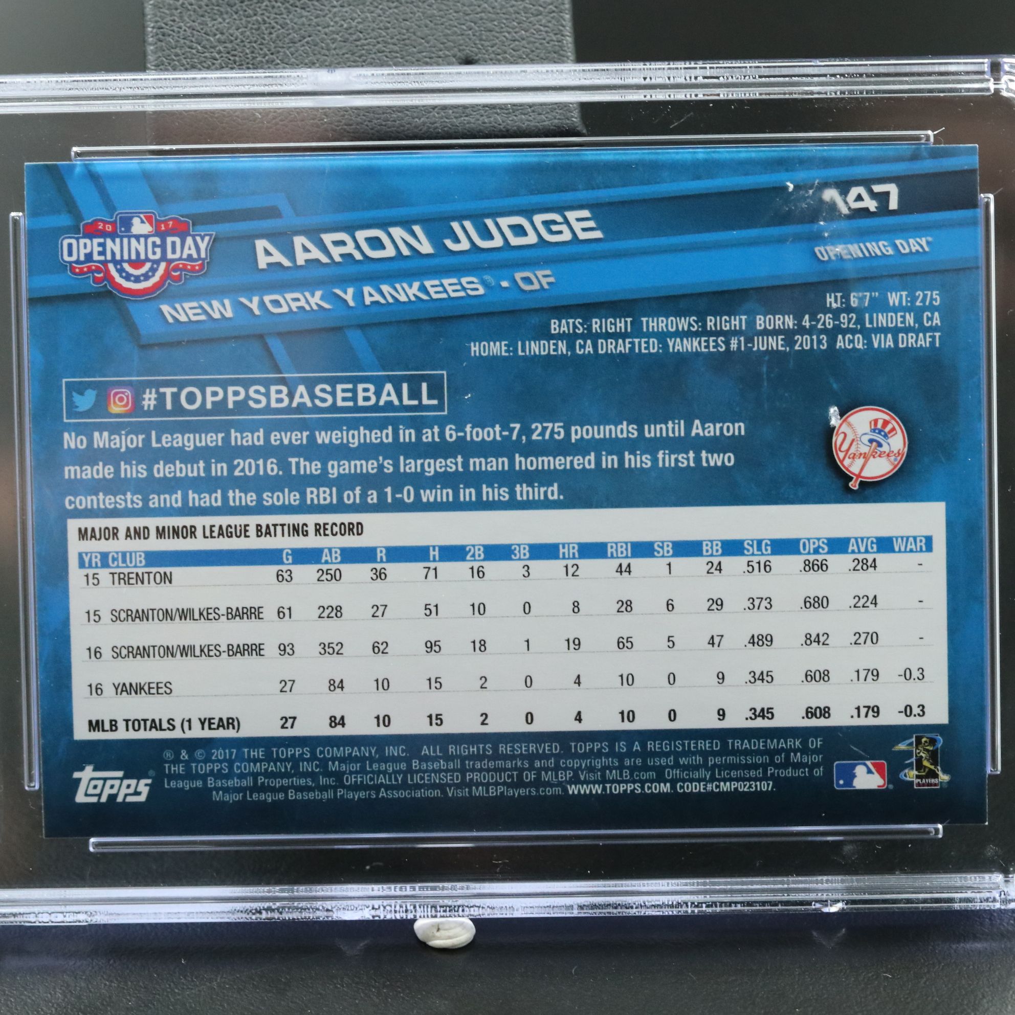 2017 Topps Opening Day Aaron Judge Rookie Baseball Card Graded CGC 10