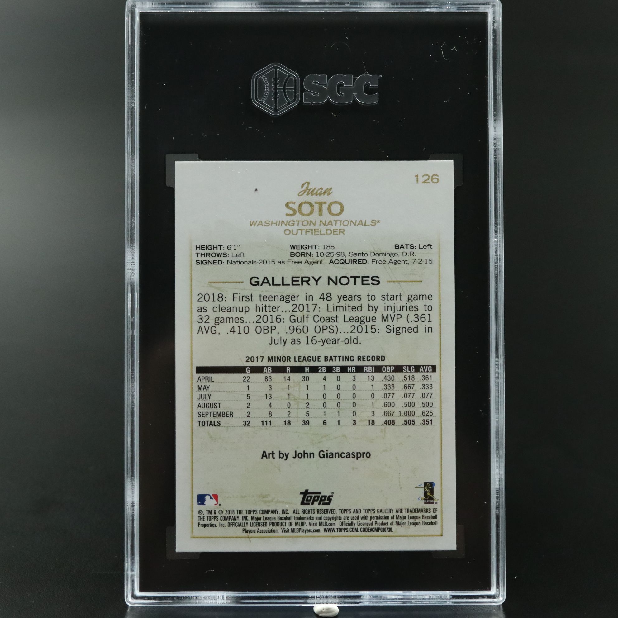 2018 Topps Gallery Juan Soto Rookie Baseball Card Graded SGC 10
