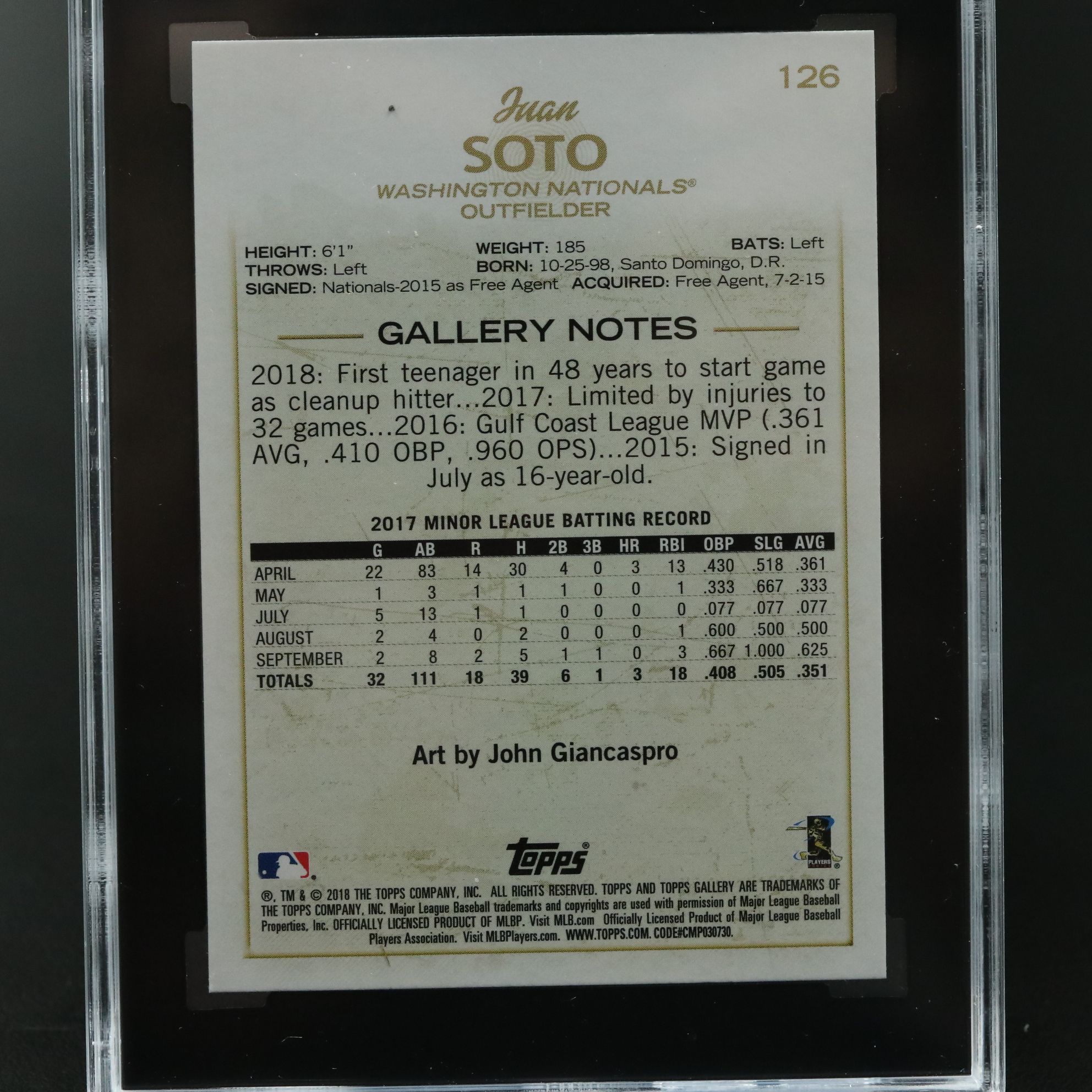 2018 Topps Gallery Juan Soto Rookie Baseball Card Graded SGC 10