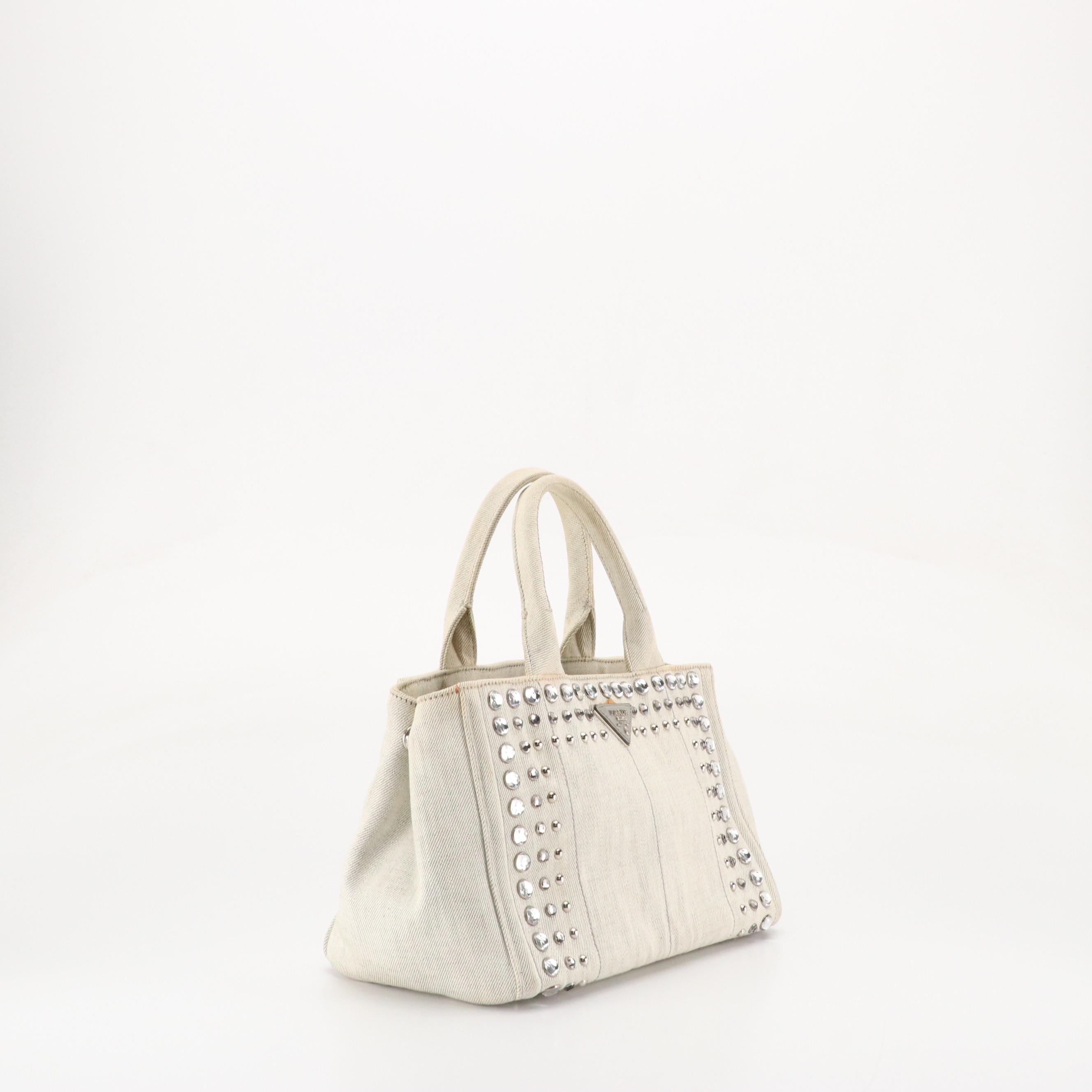 Prada Bijoux Embellished Canapa Tote in Faded Grey Canvas