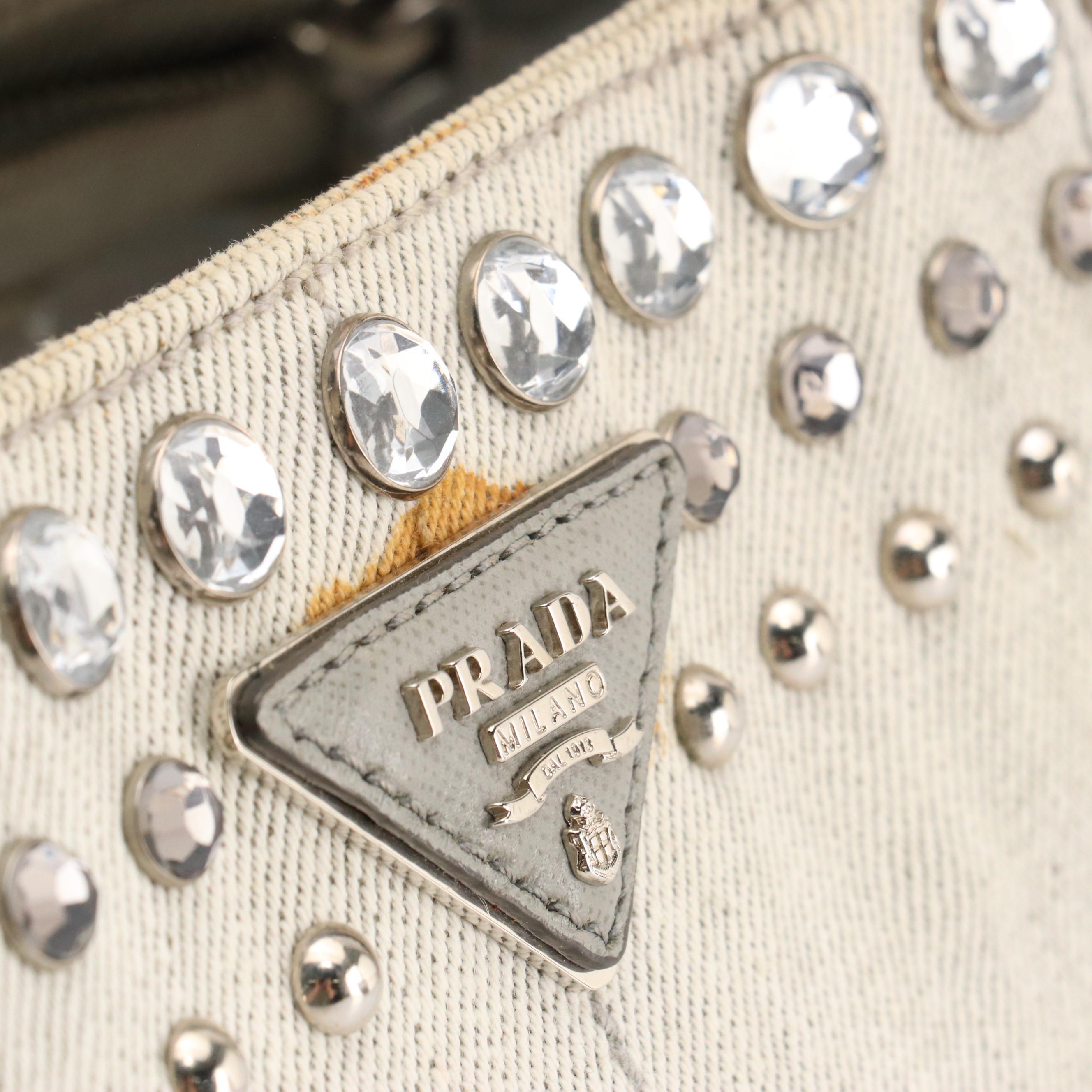 Prada Bijoux Embellished Canapa Tote in Faded Grey Canvas