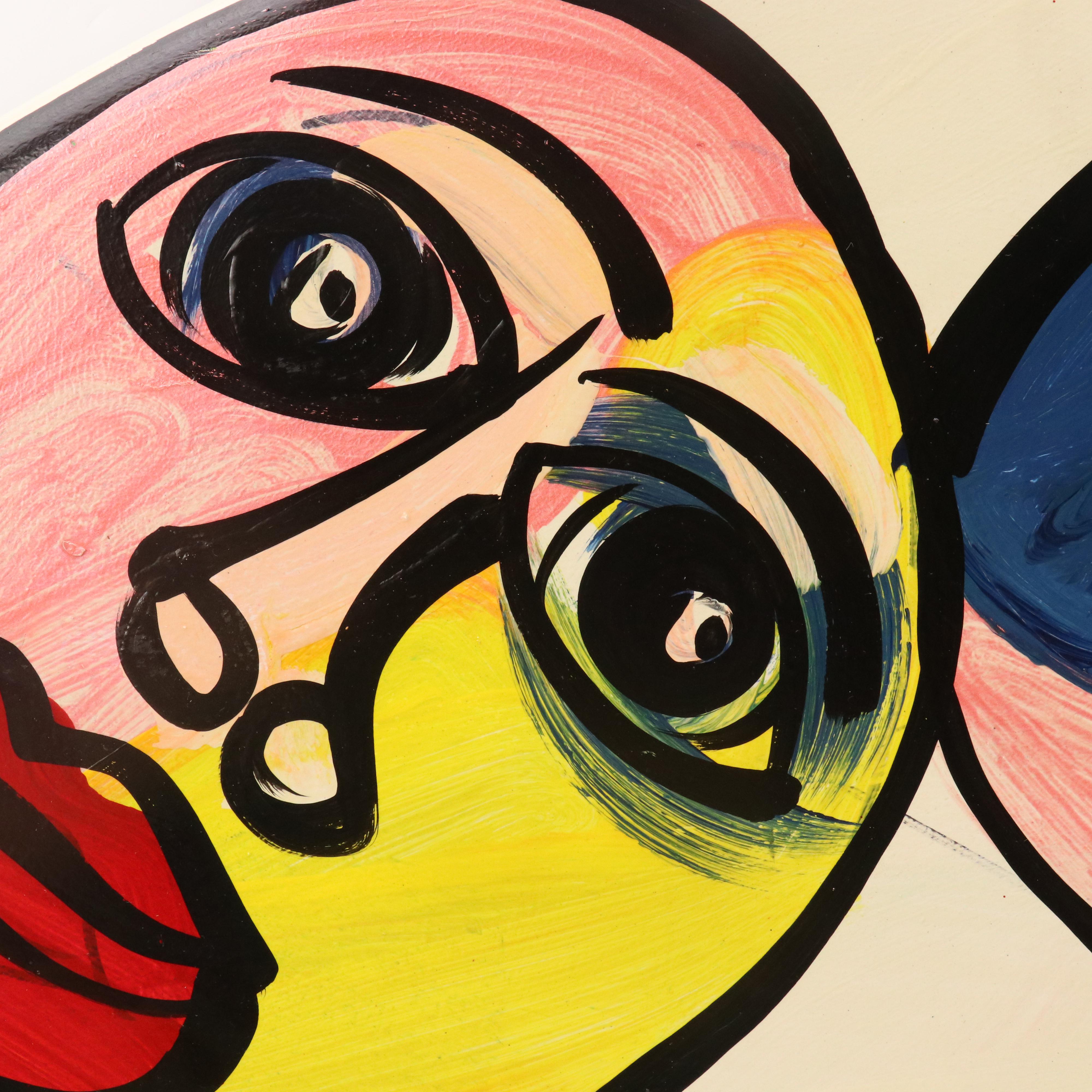 Peter Keil Acrylic on Skimboard Painting of Three Faces