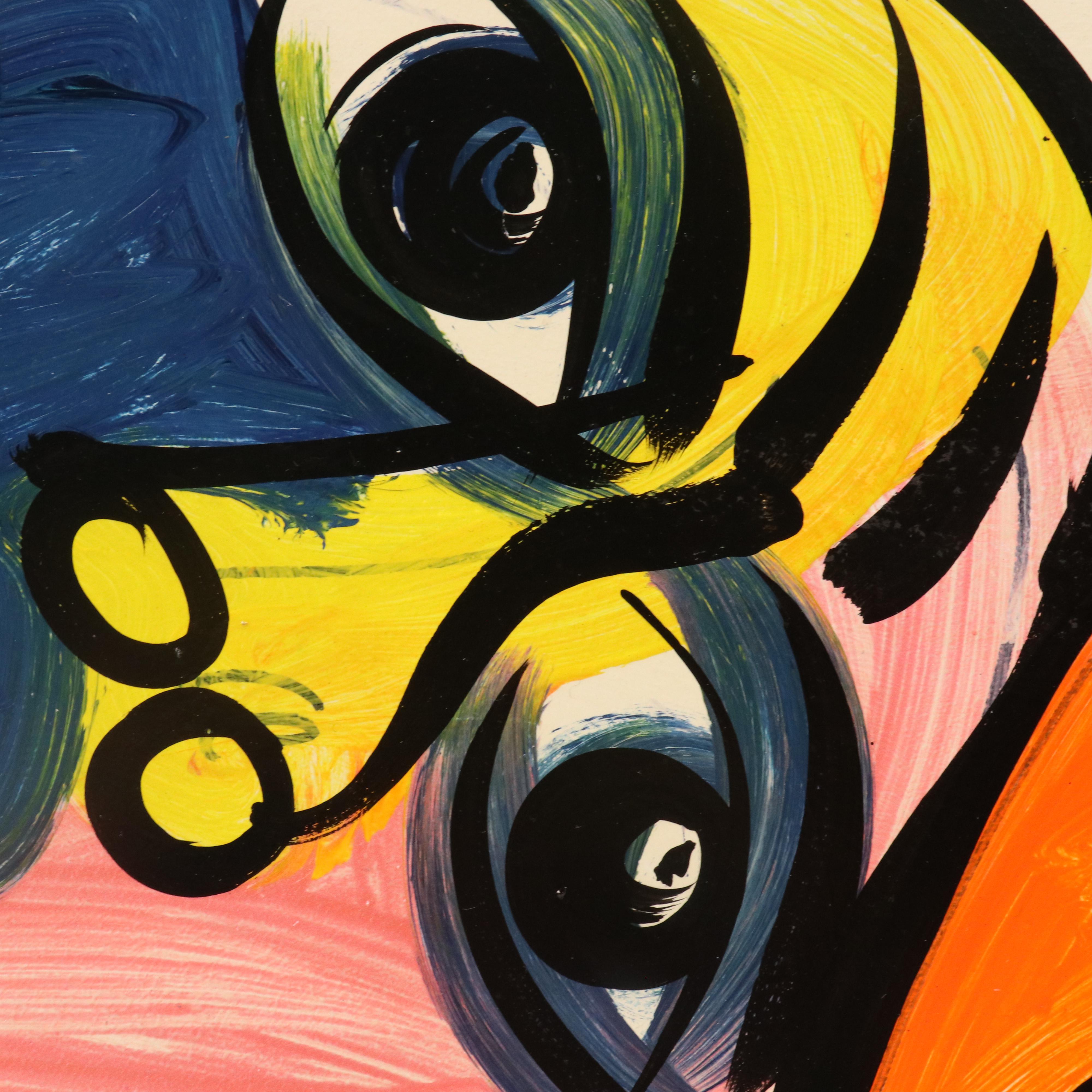 Peter Keil Acrylic on Skimboard Painting of Three Faces