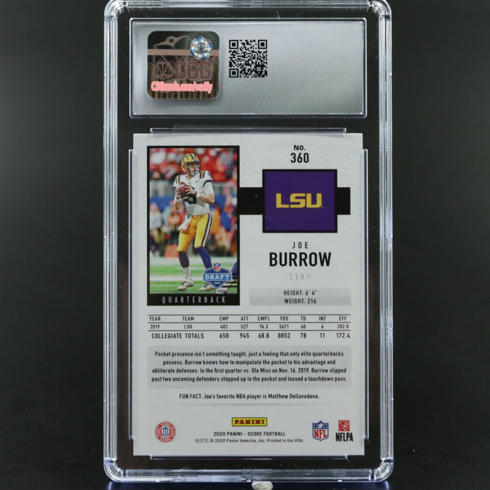 2020 Score Joe Burrow Rookie Football Card Graded CSG 10