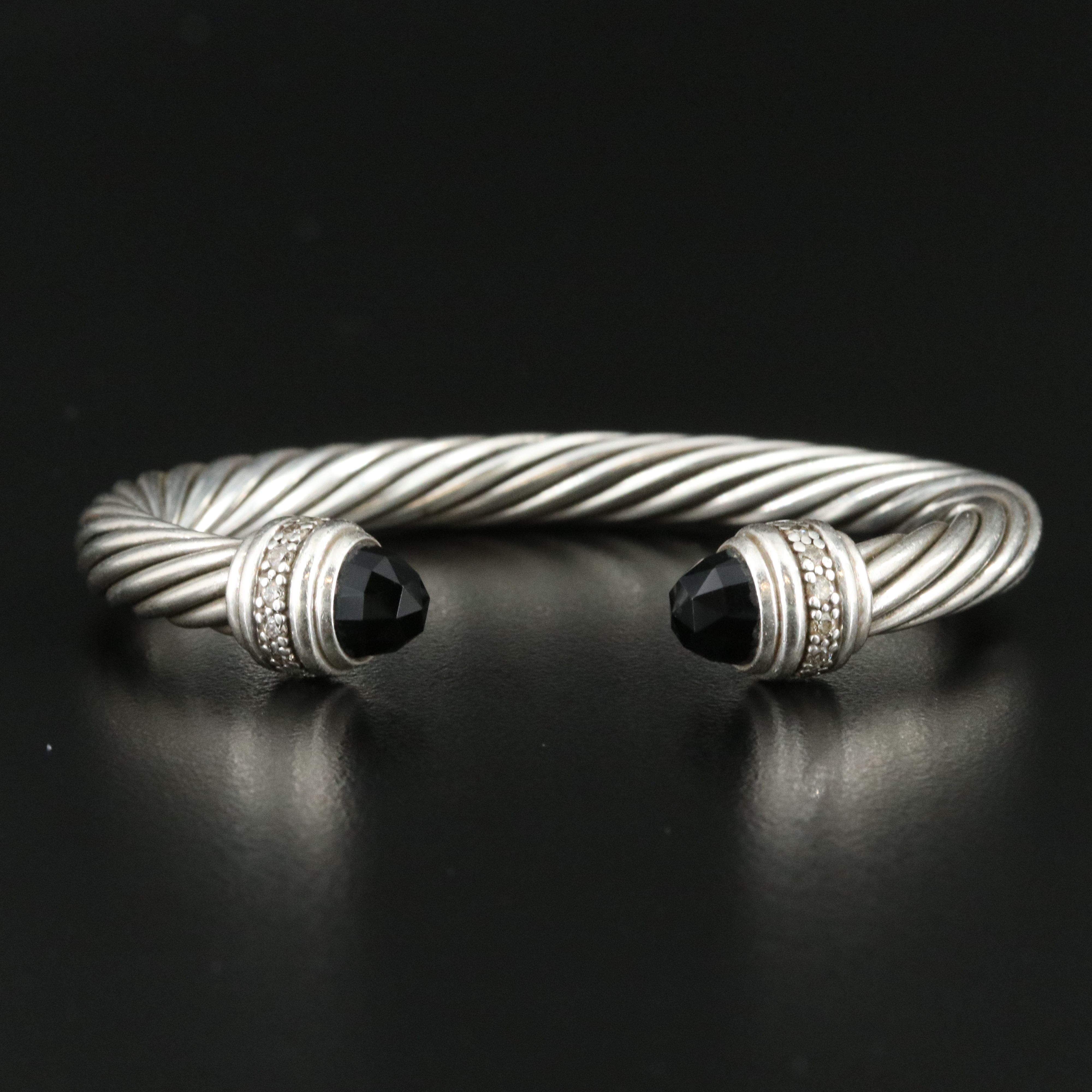 David Yurman Sterling Black Onyx and 0.48 CTW Diamond Cable Cuff Bracelet