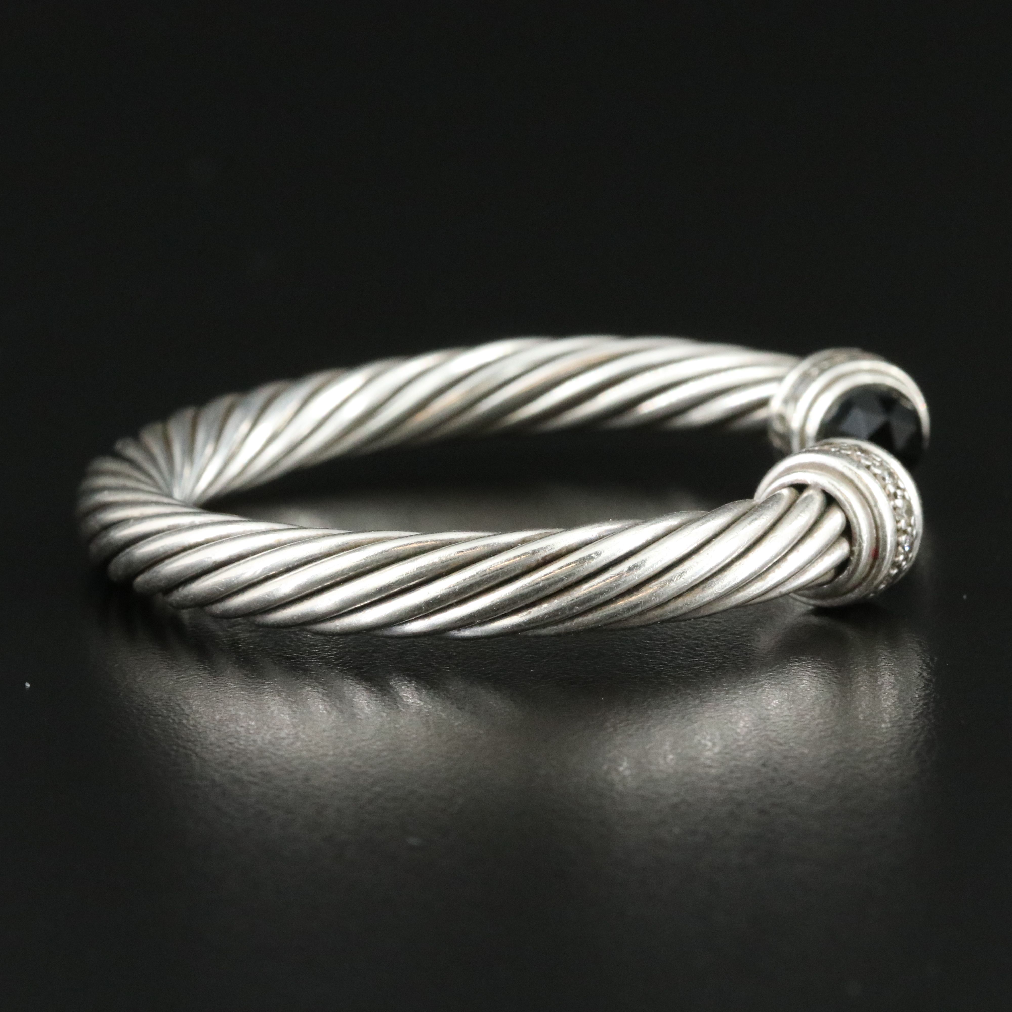 David Yurman Sterling Black Onyx and 0.48 CTW Diamond Cable Cuff Bracelet