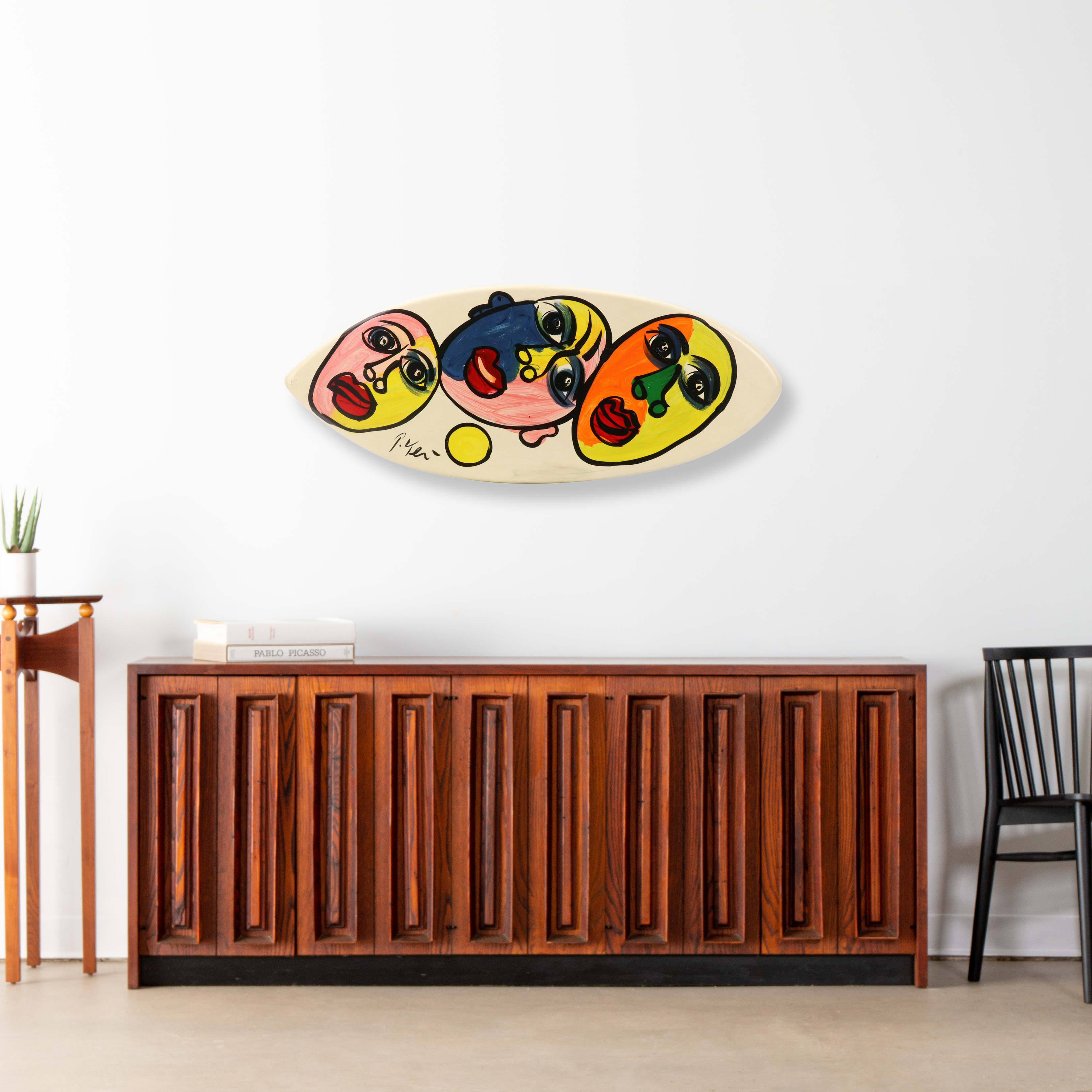 Peter Keil Acrylic on Skimboard Painting of Three Faces
