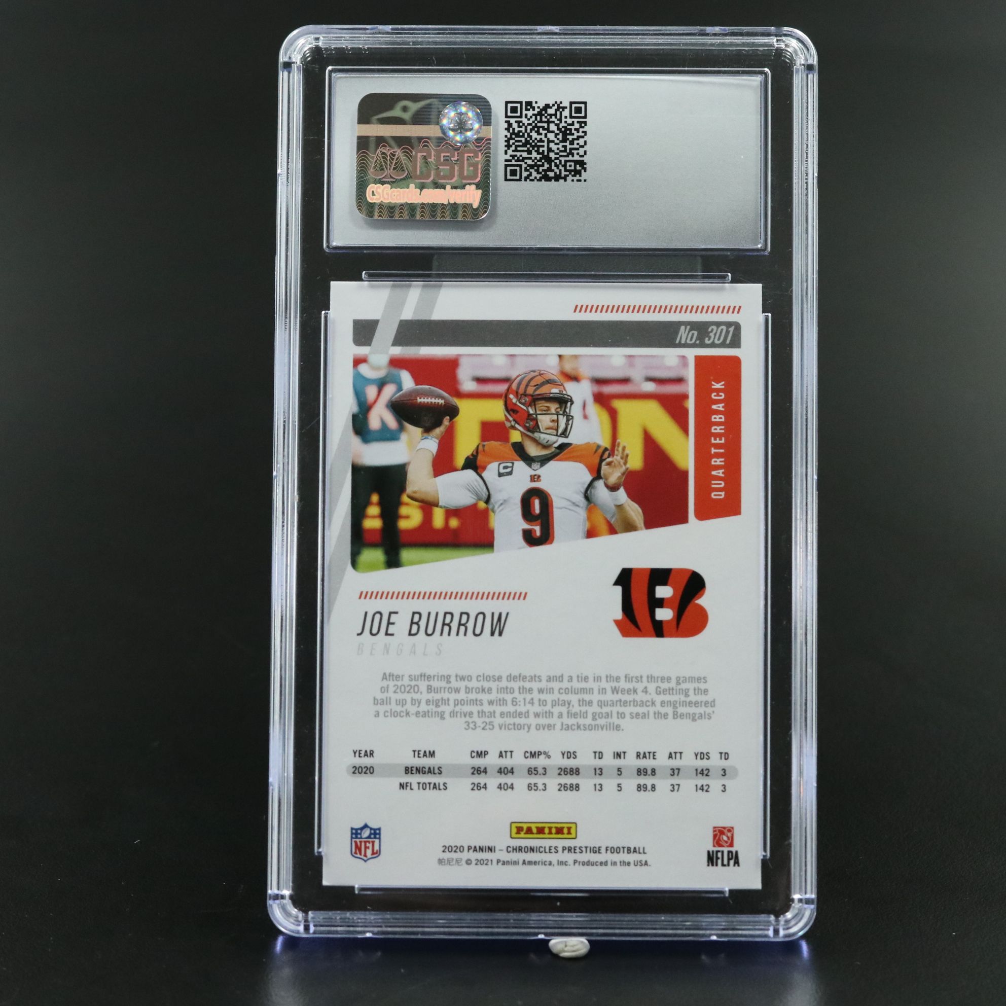 2020 Chronicles Prestige Joe Burrow Cincinnati Bengals Rookie Card Graded CSG 10