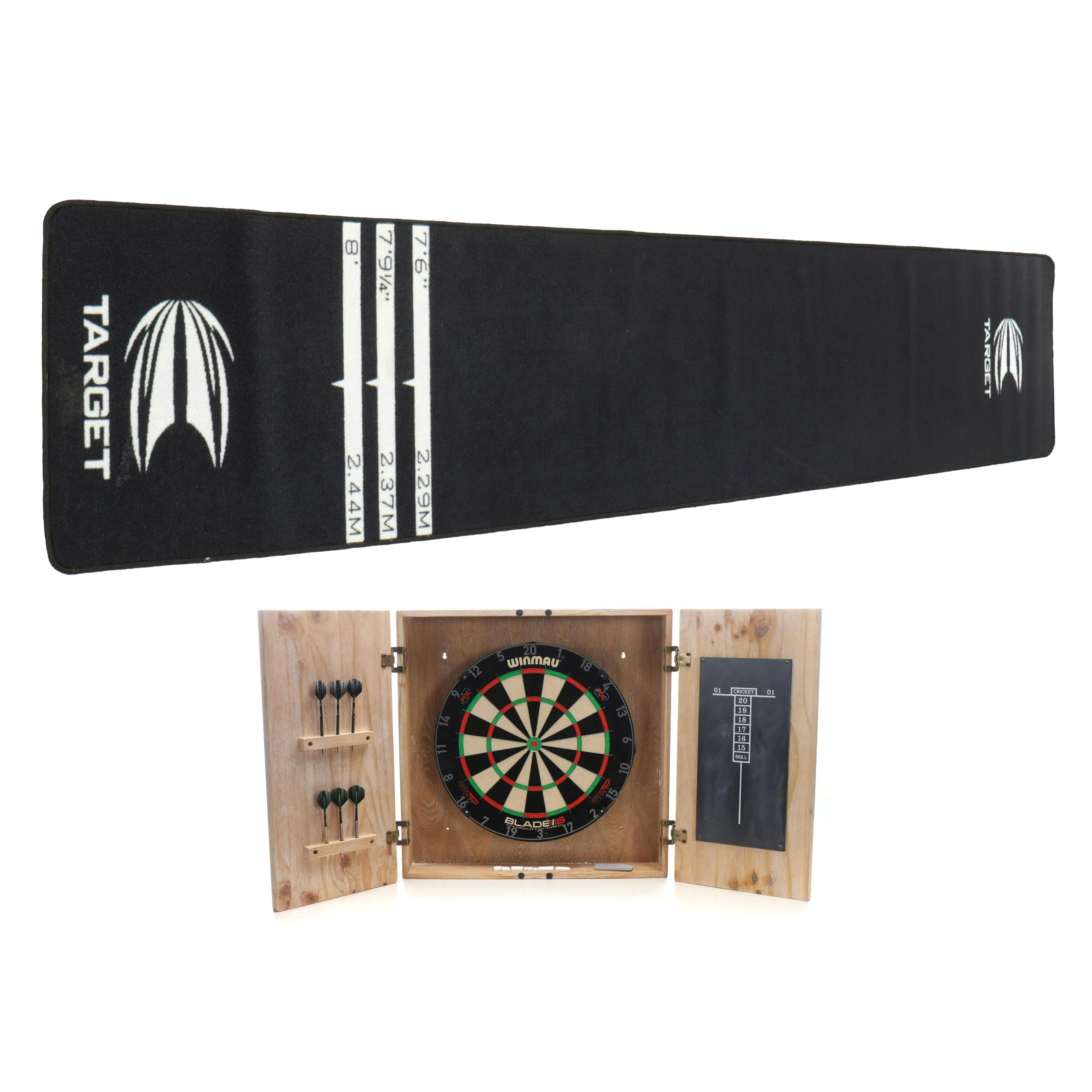 Winmau Blade 6 Dartboard in Cabinet and Dart Mat