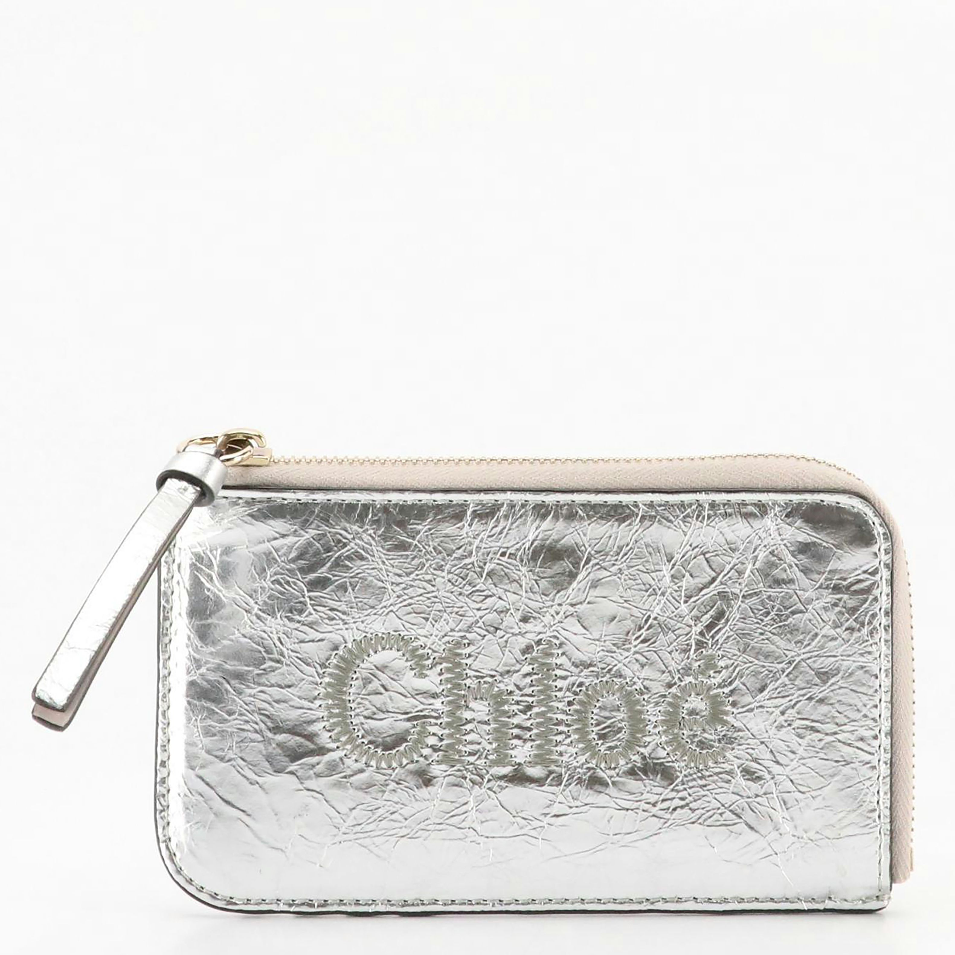 Chloé Corner-Zip Card Wallet in Stone and Silver Metallic Leather, With Box