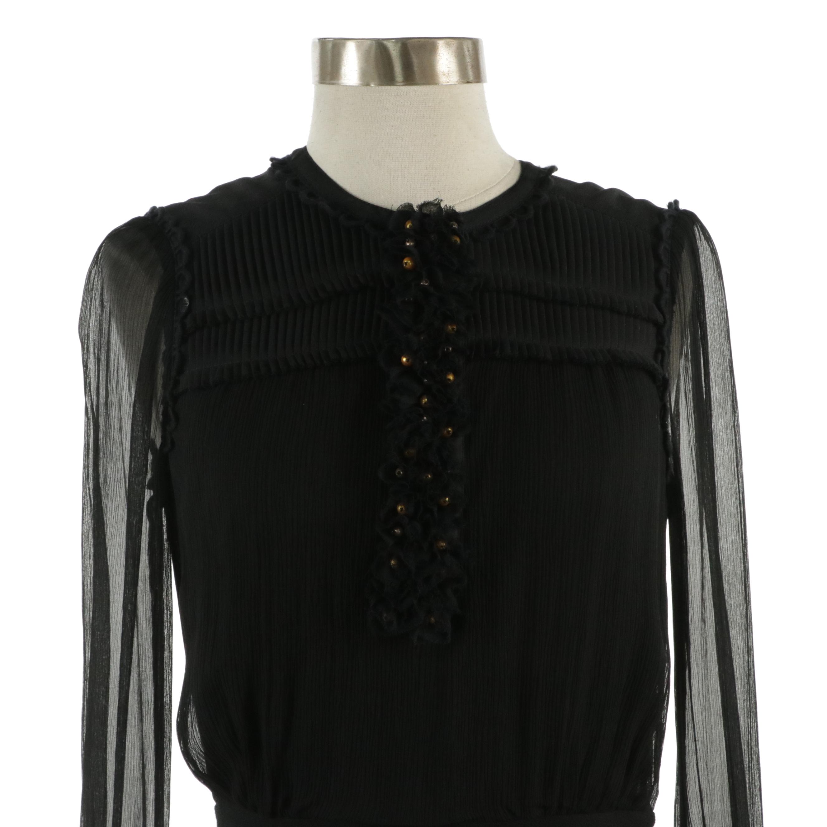 Tory Burch Black Silk and Wool Blend Knit Long Sleeve Cocktail Dress