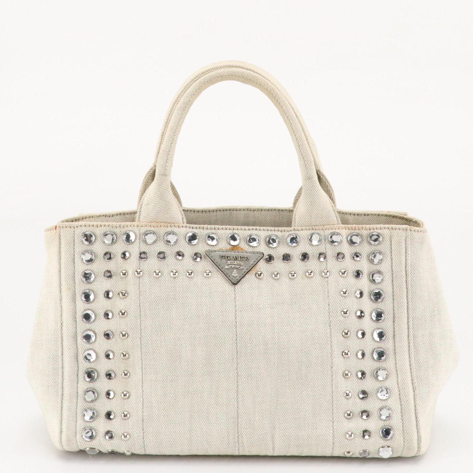 Prada Bijoux Embellished Canapa Tote in Faded Grey Canvas