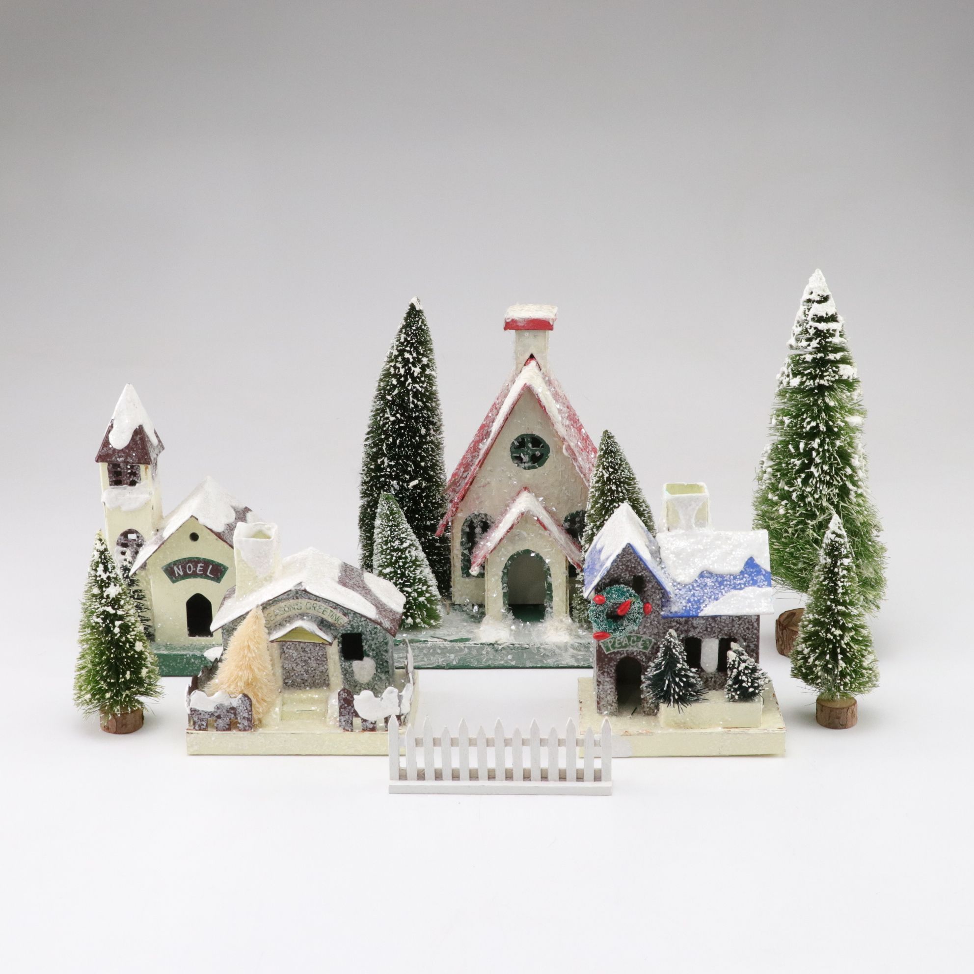 Putz Style Christmas Village Houses with Frosted Tree Decor