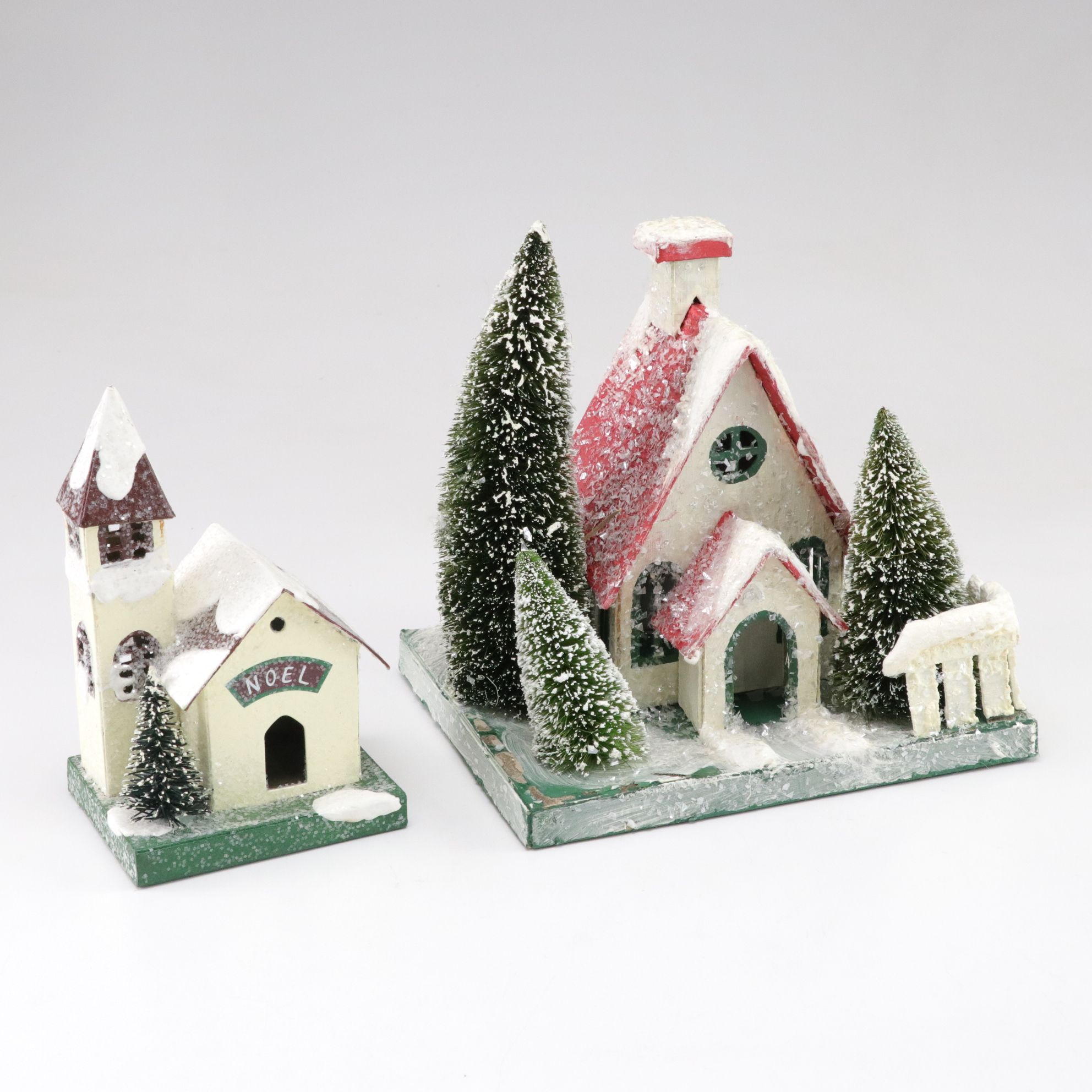 Putz Style Christmas Village Houses with Frosted Tree Decor